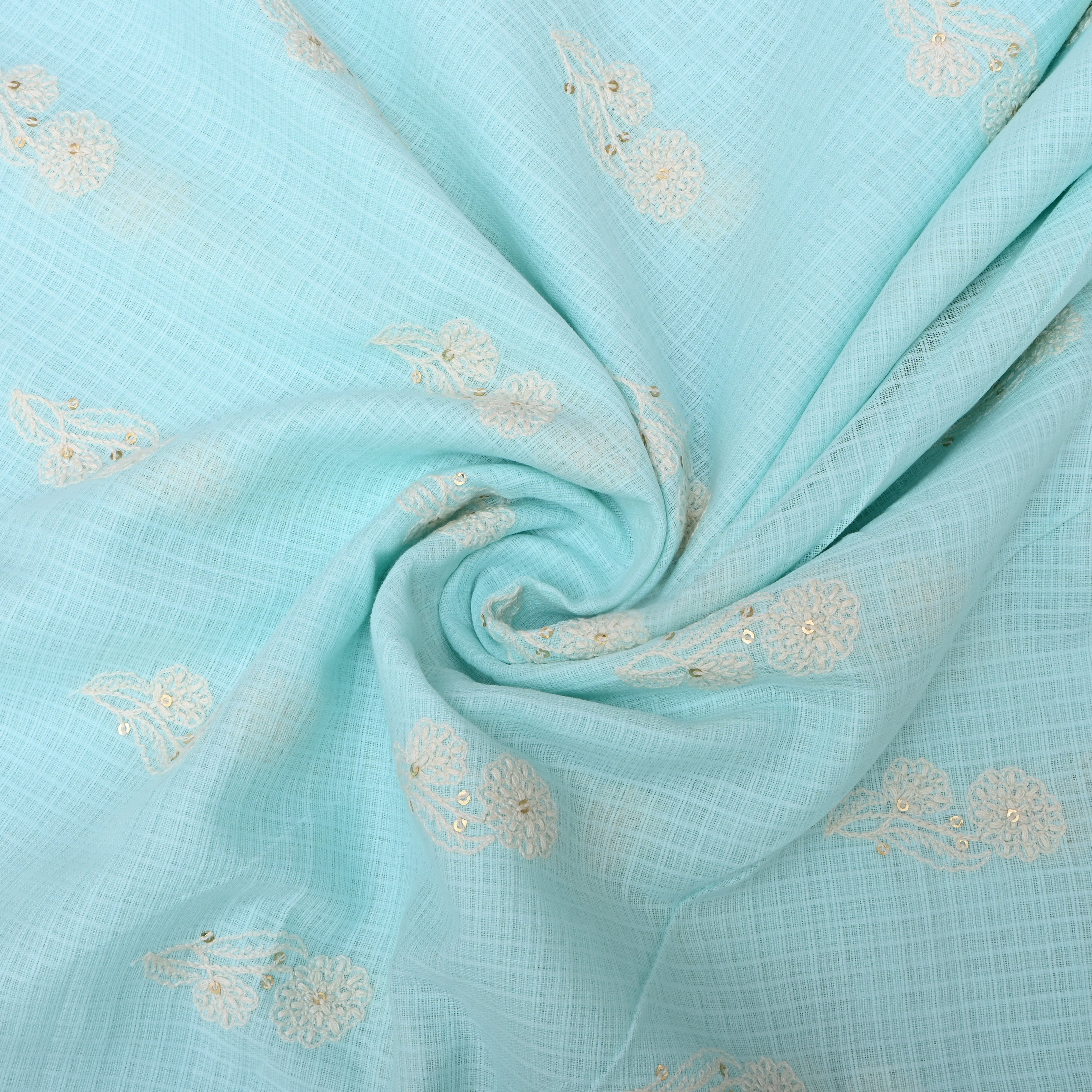 Light Cyan Blue Floral Embroidered Kota Fabric
