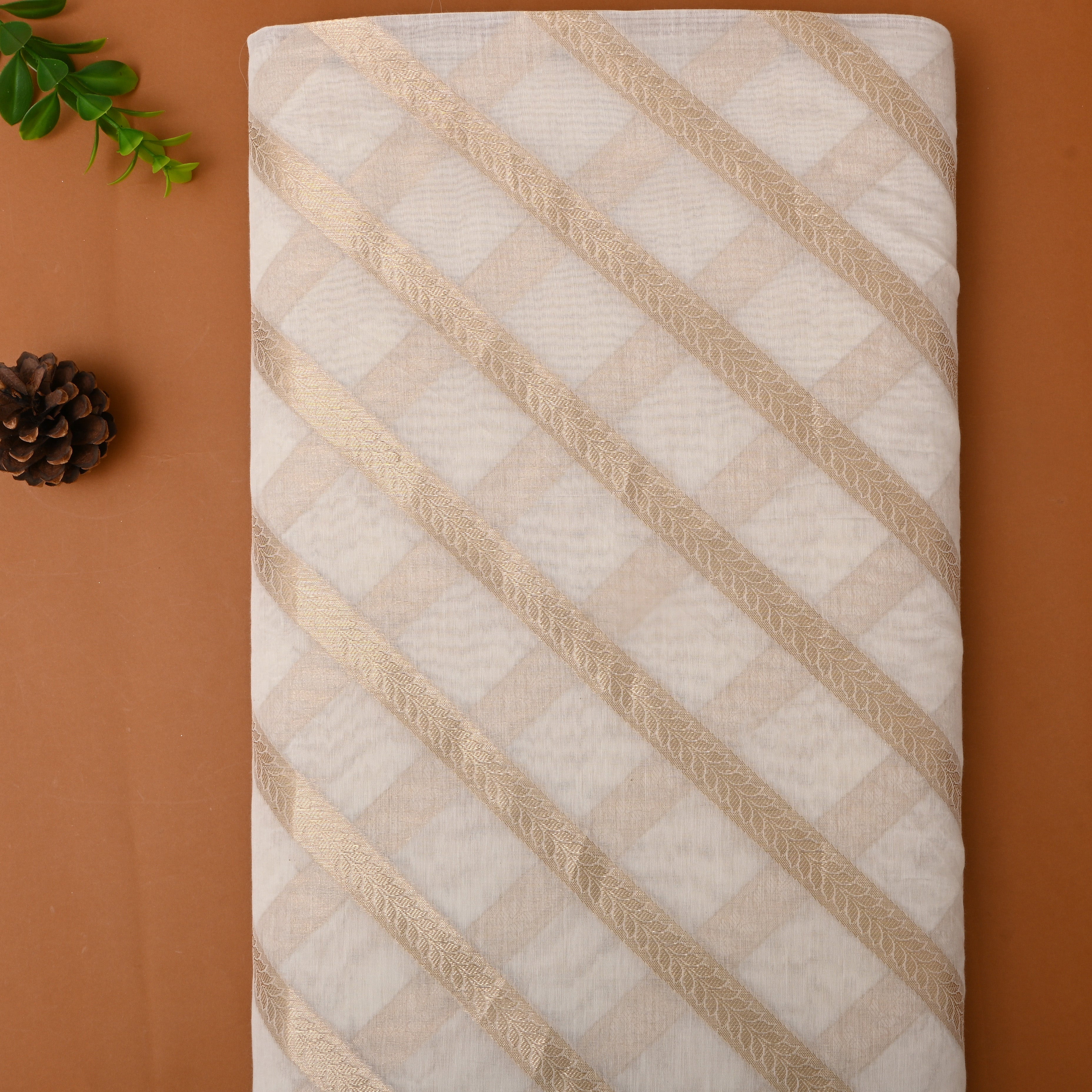 Off-White Golden Zari Work Chanderi Fabric