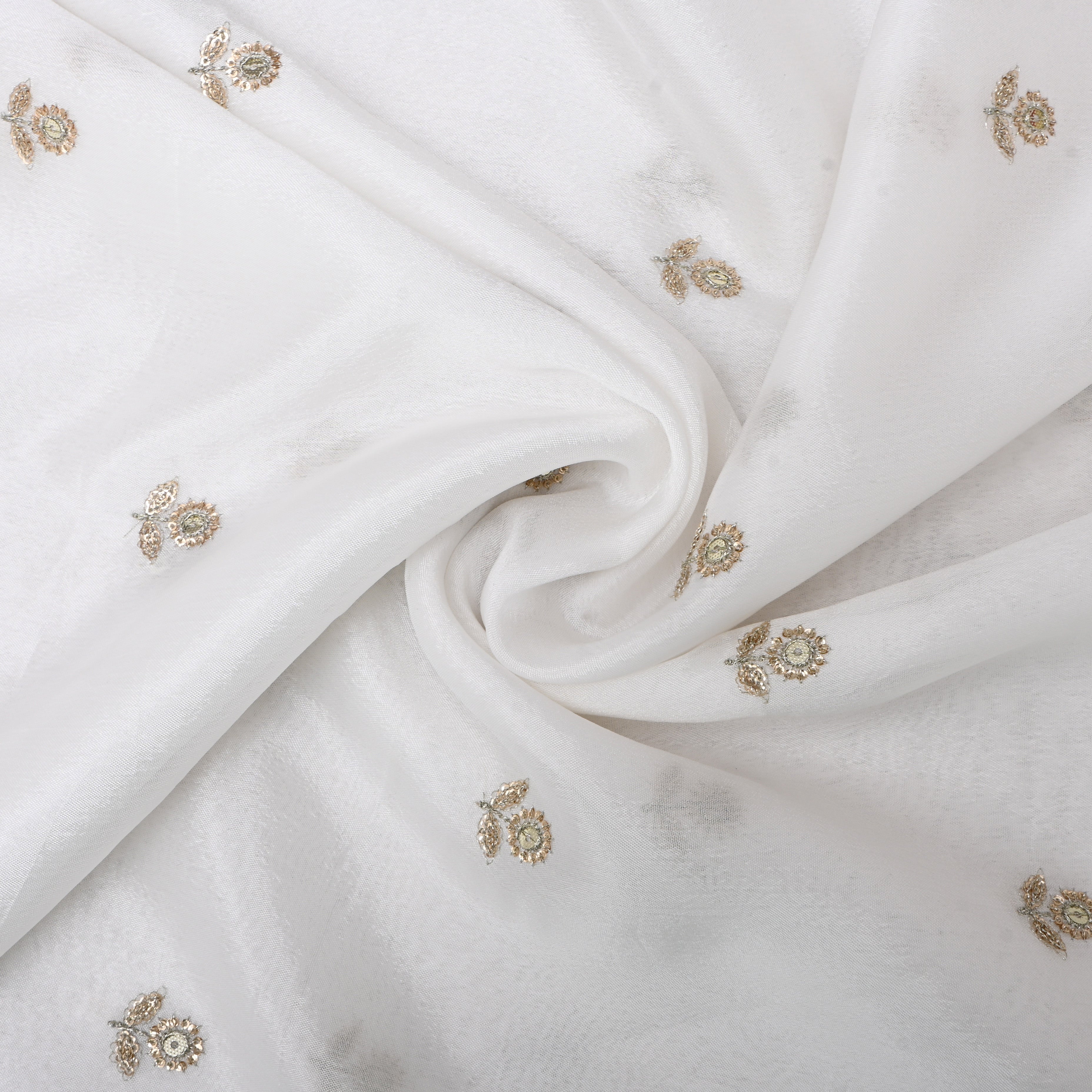White Floral Embroidered Silk Fabric