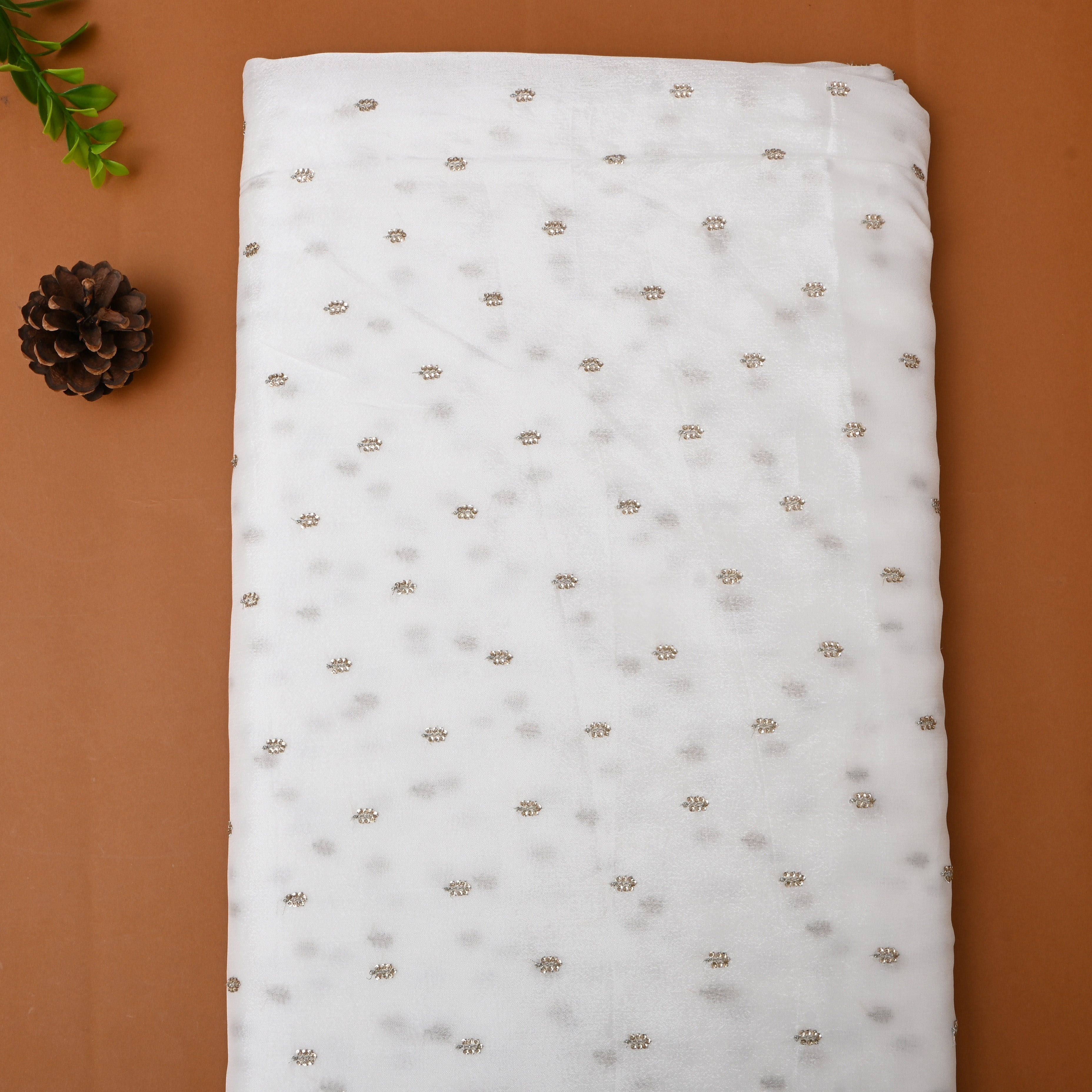 White Embroidered Floral Silk Fabric