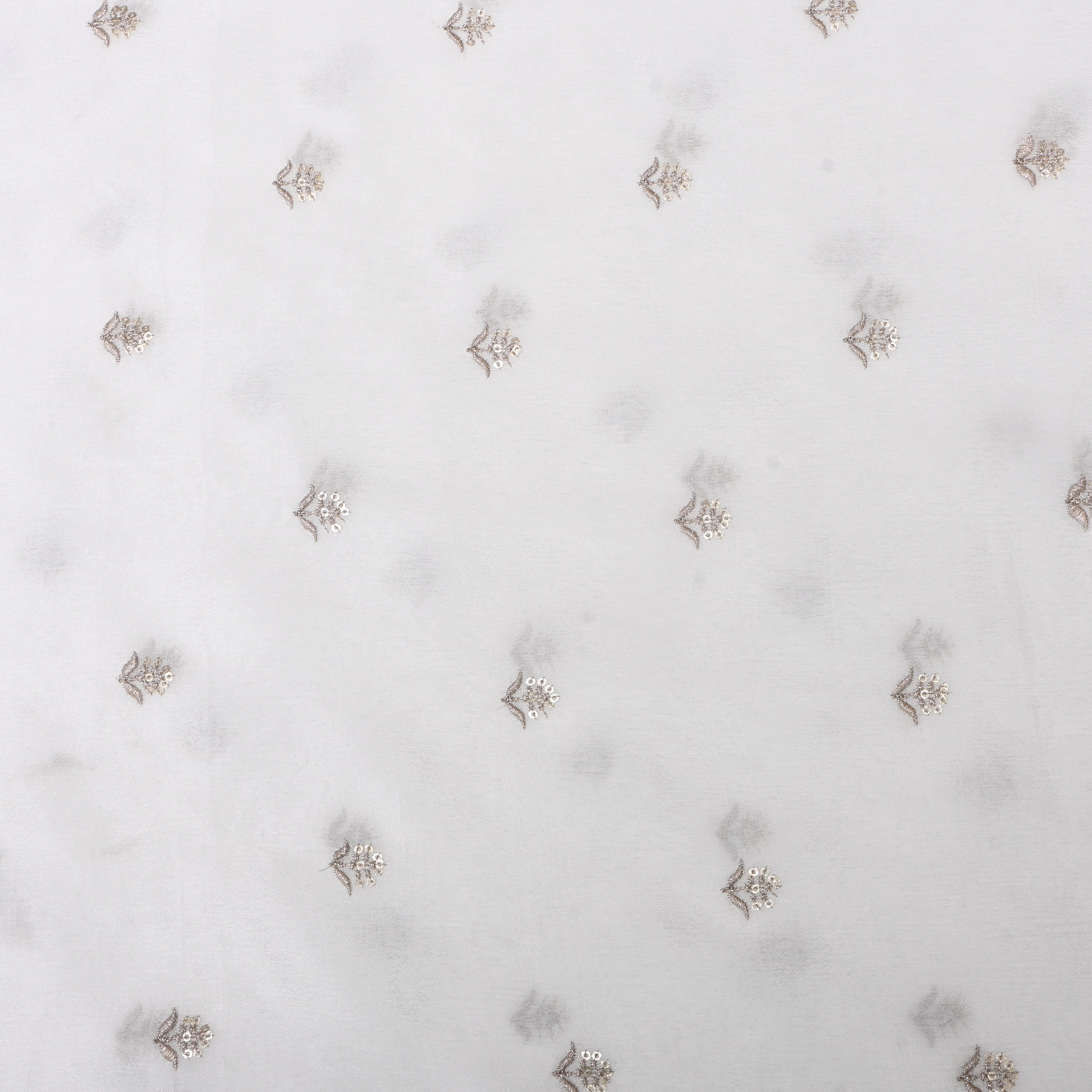 White Embroidered Silk Fabric With Floral Motifs