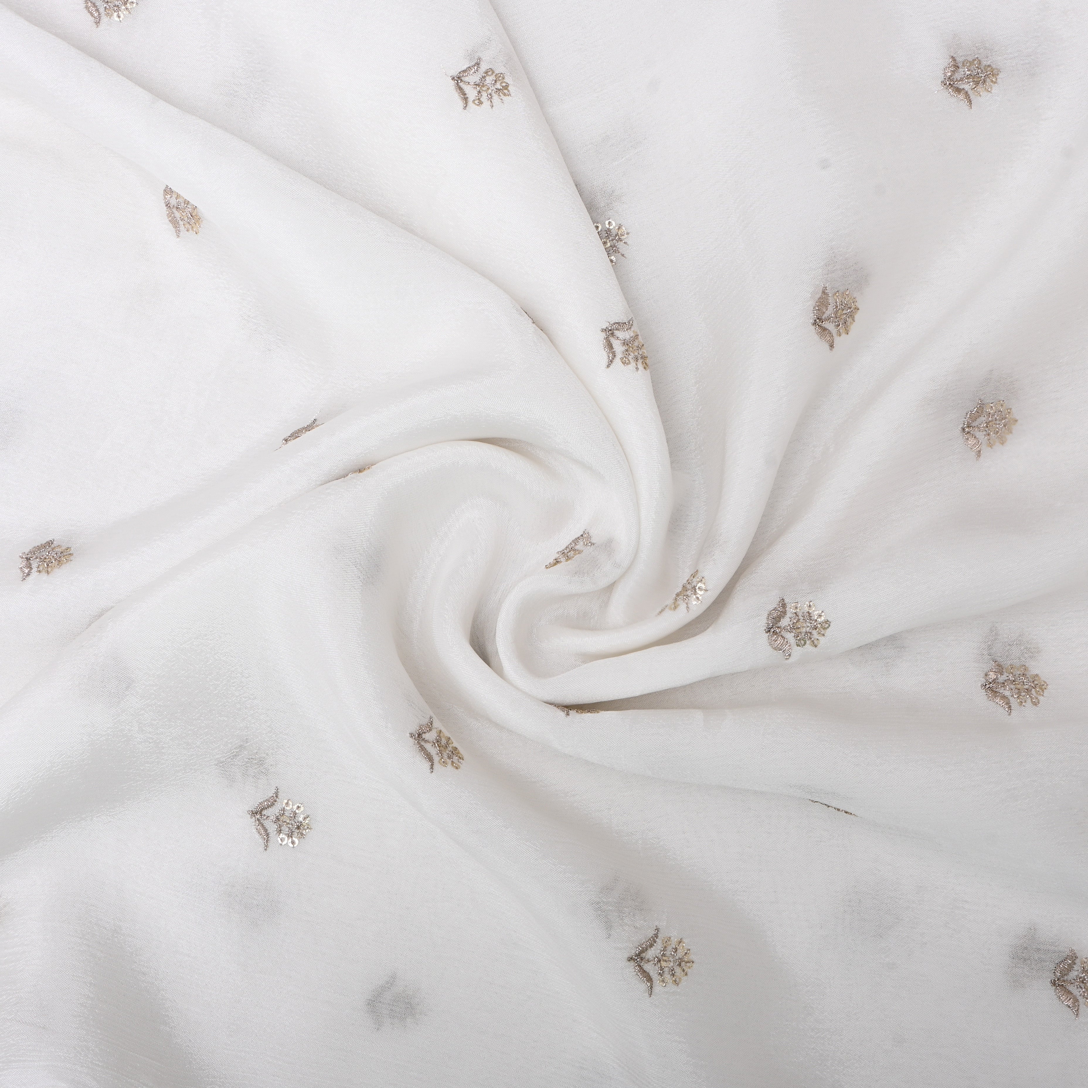 White Embroidered Silk Fabric With Floral Motifs