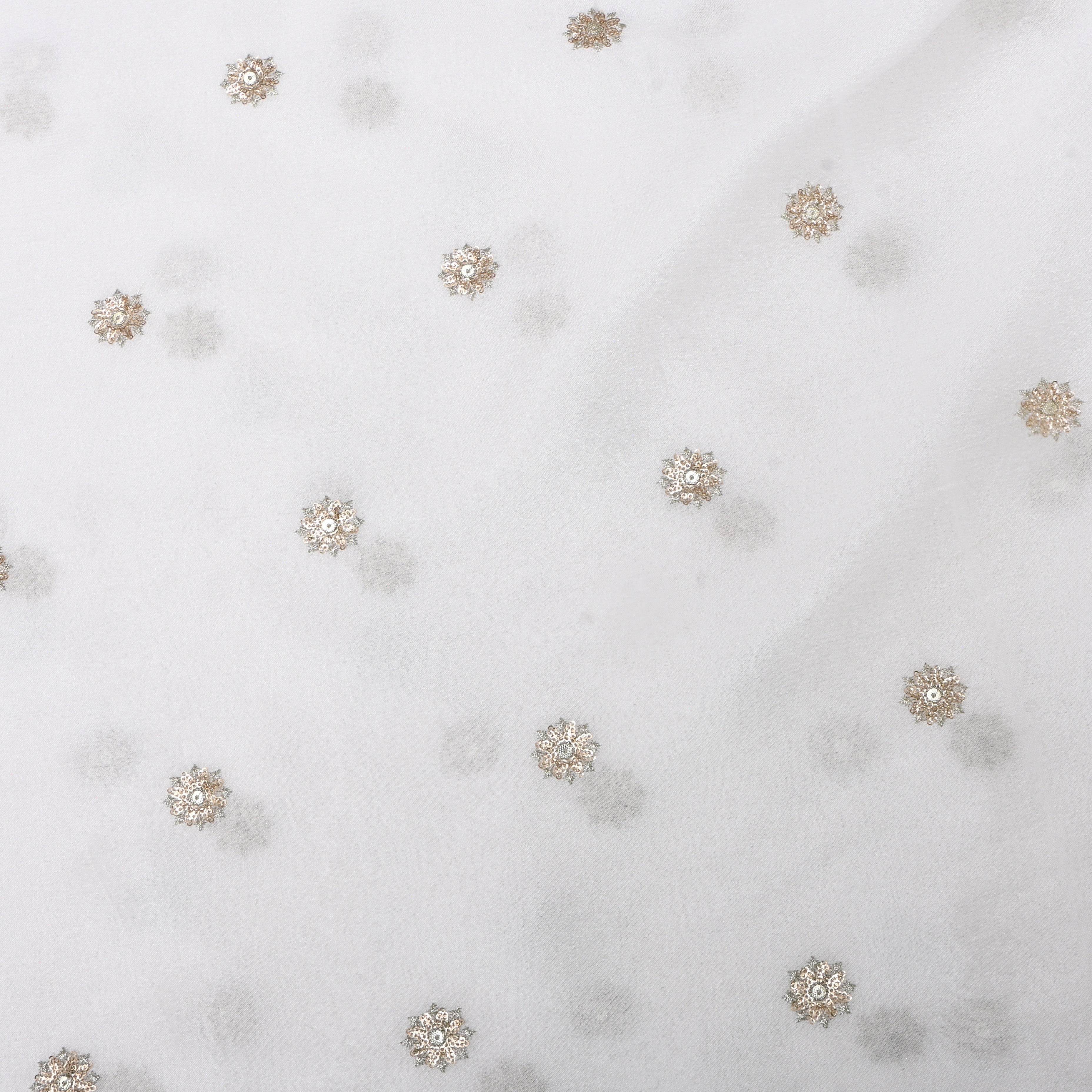 White Silk Fabric With Floral Embroidery