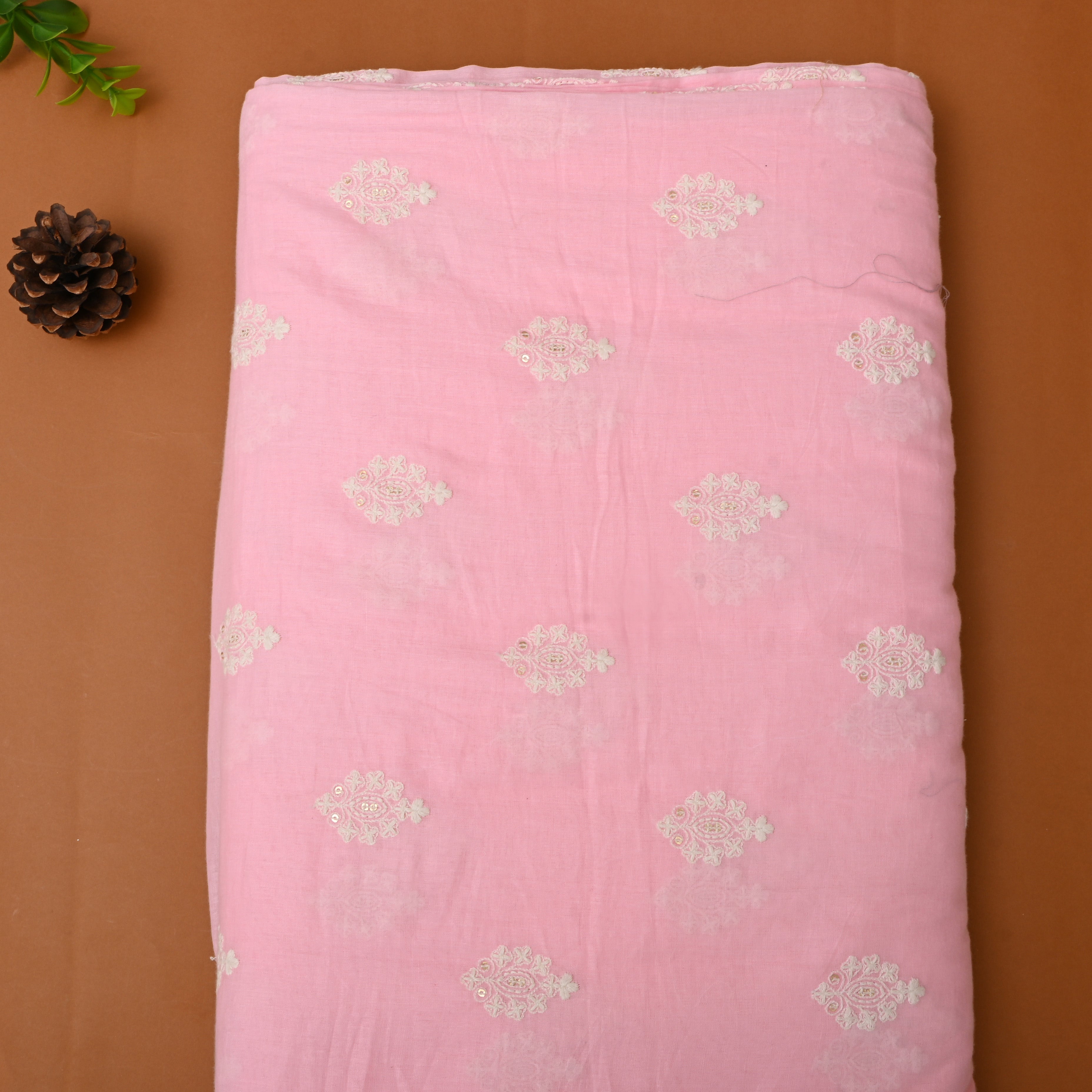 Taffy Pink Thread Embroidered Floral Cotton Fabric