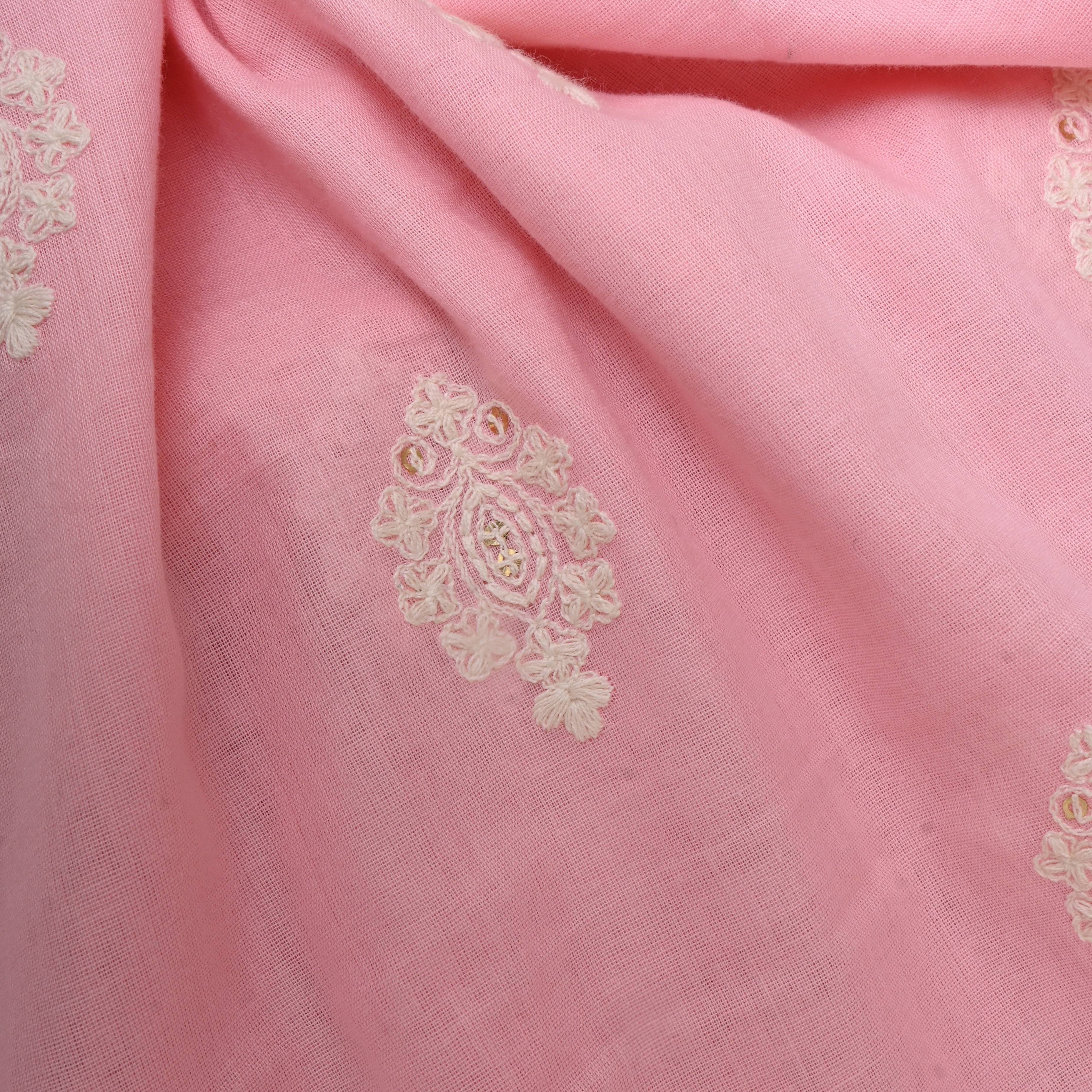 Taffy Pink Thread Embroidered Floral Cotton Fabric