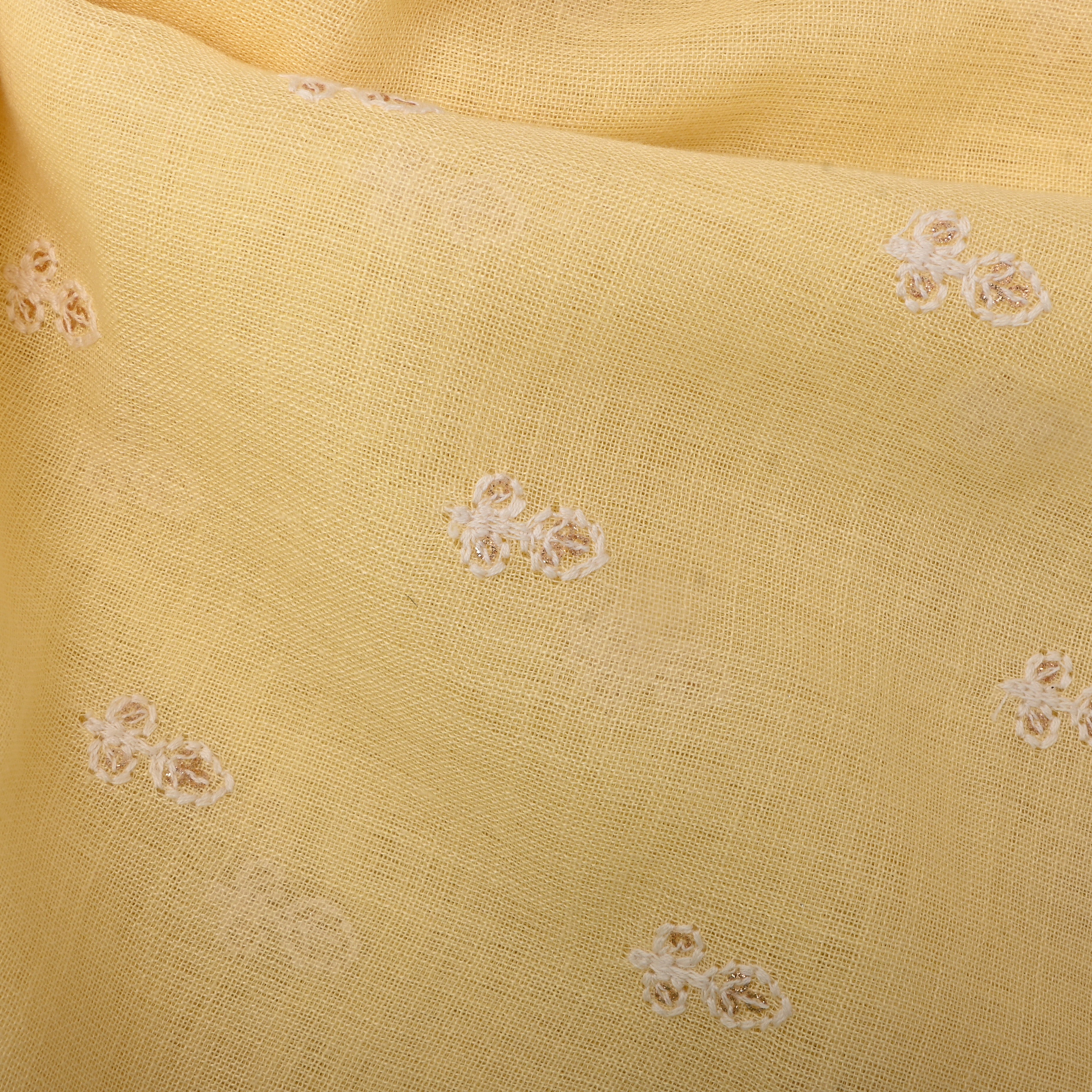 Pastel Yellow Floral Thread Embroidered Linen Fabric