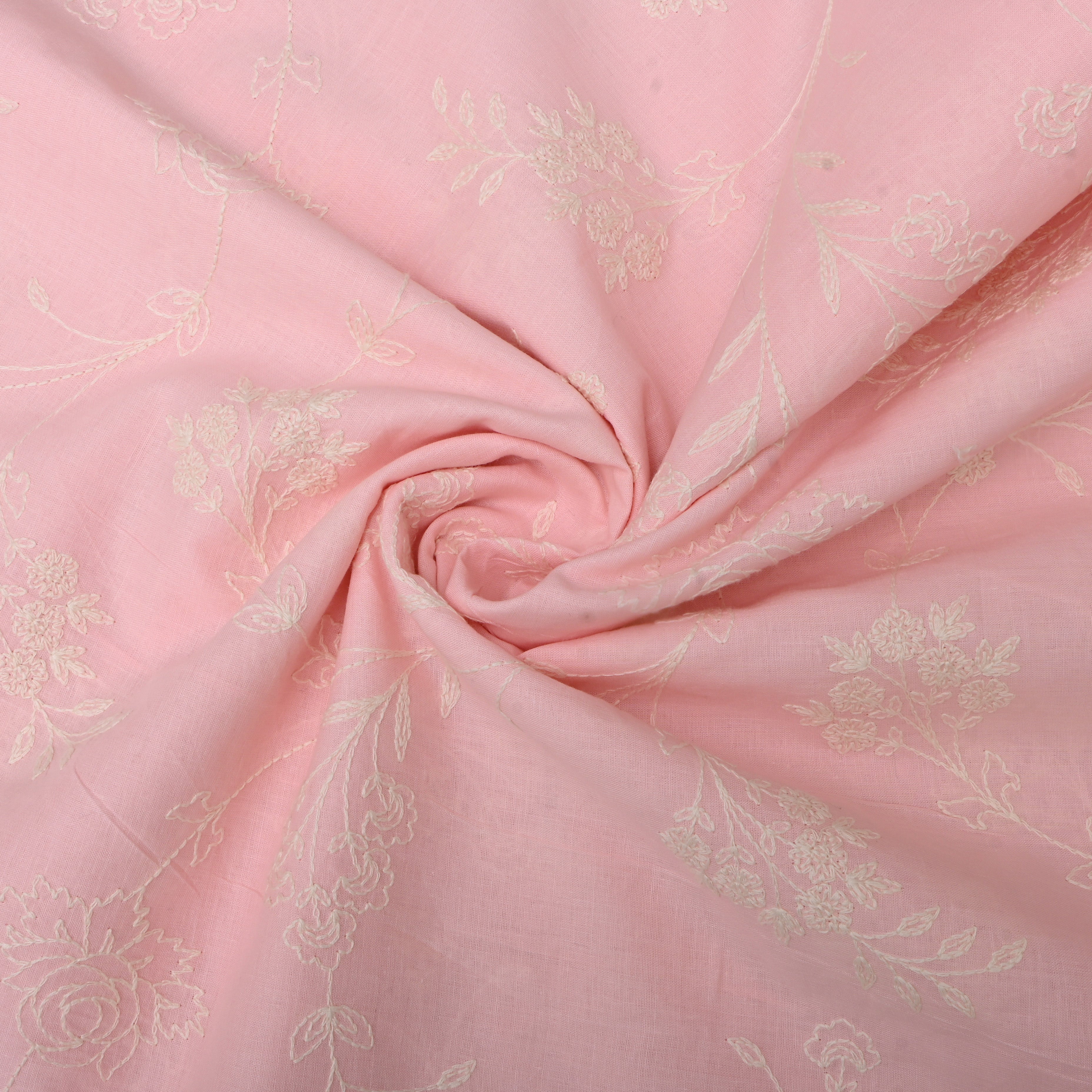 Soft Taffy Pink Floral Thread Embroidered Cotton Fabric