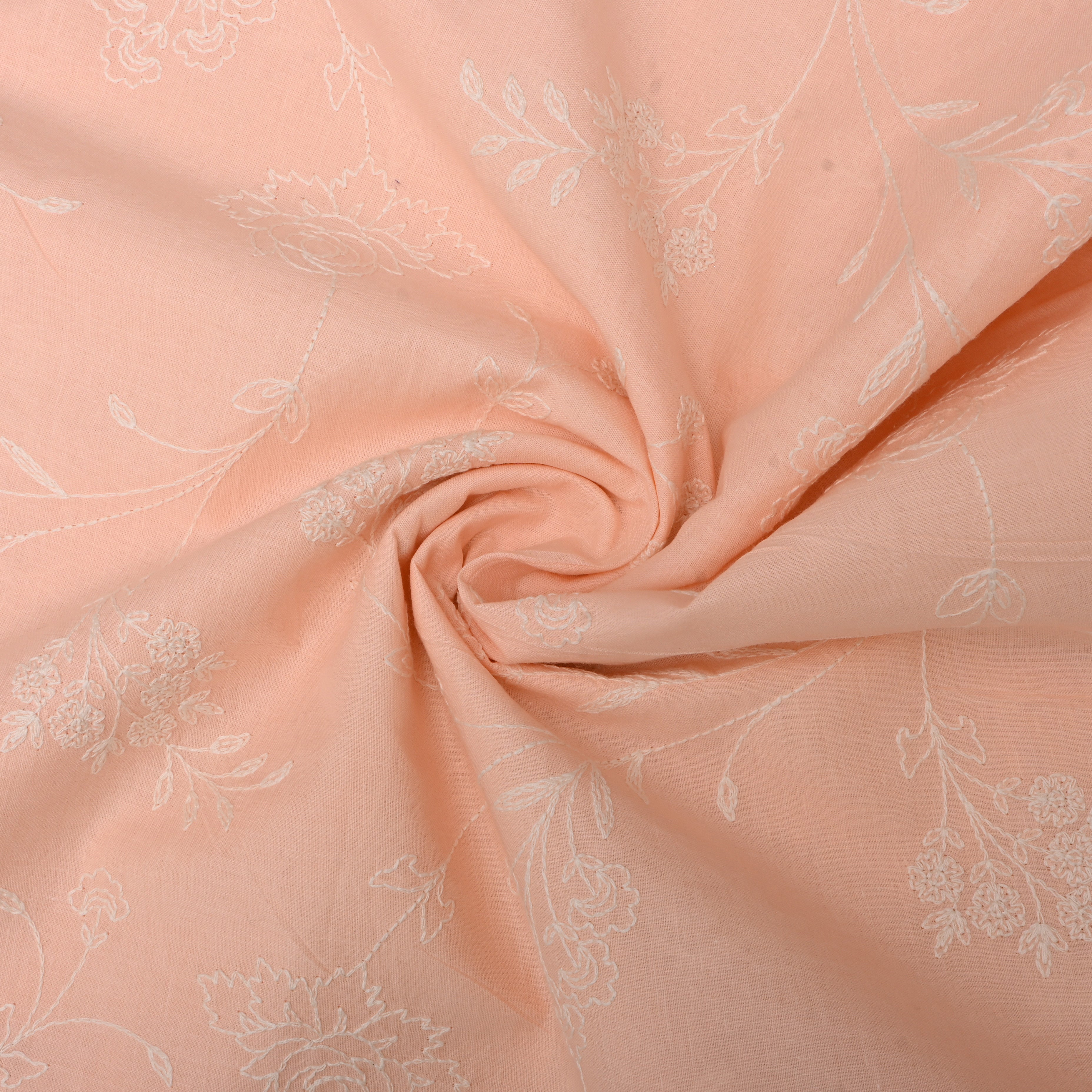 Soft Pink Floral Thread Embroidered Cotton Fabric