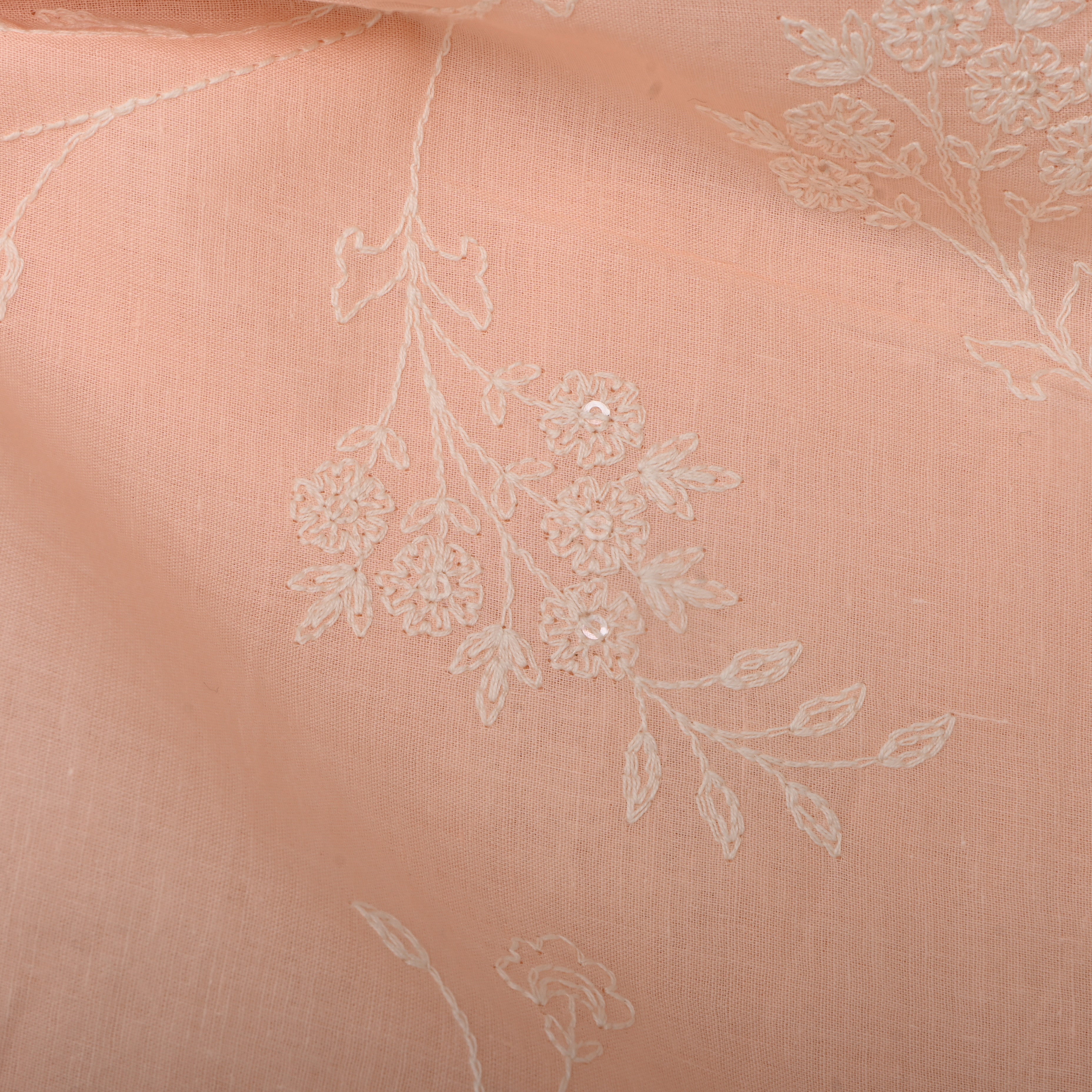 Soft Pink Floral Thread Embroidered Cotton Fabric