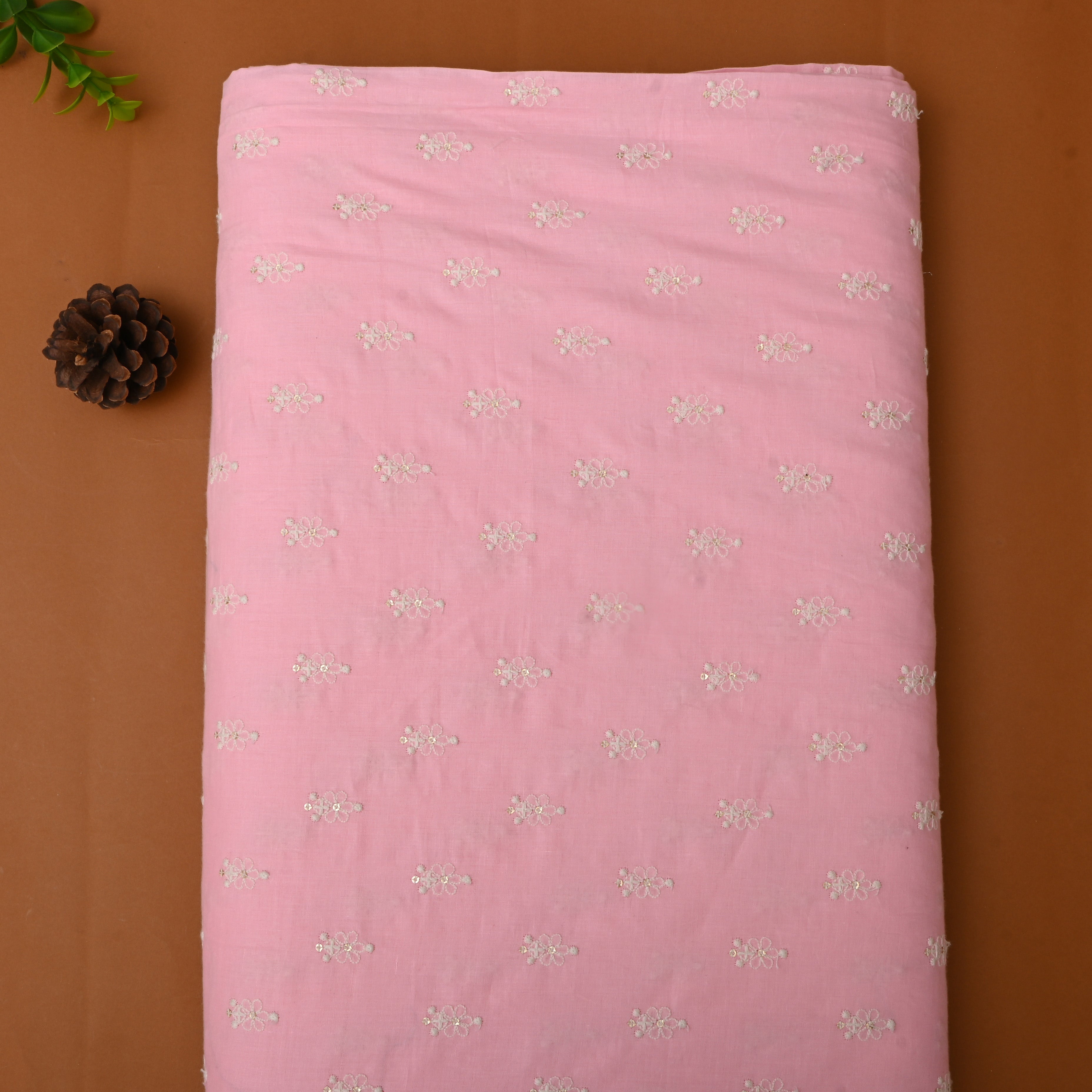 Taffy Pink Floral Embroidered Cotton Fabric