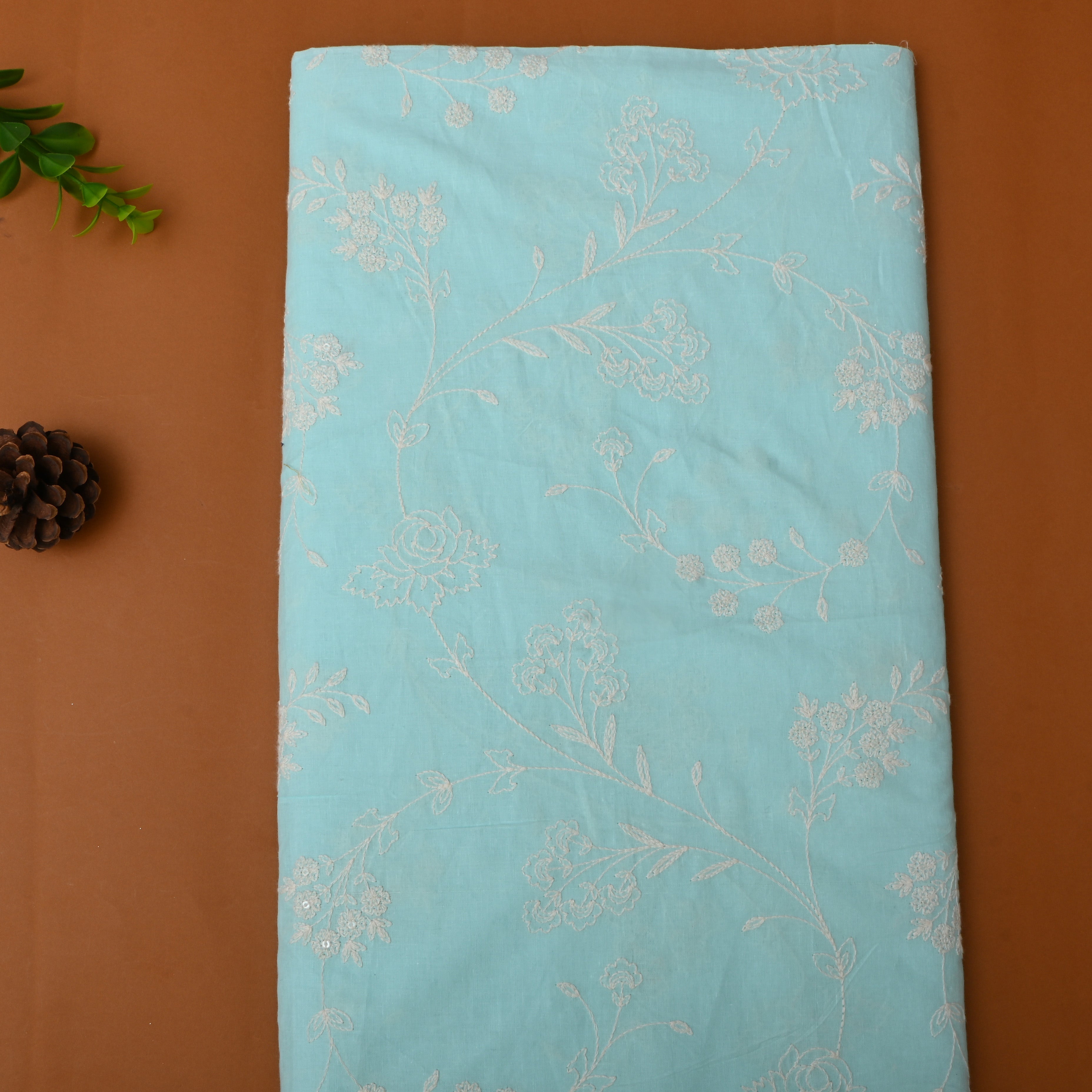 Sky Blue Floral Thread Embroidered Cotton Fabric