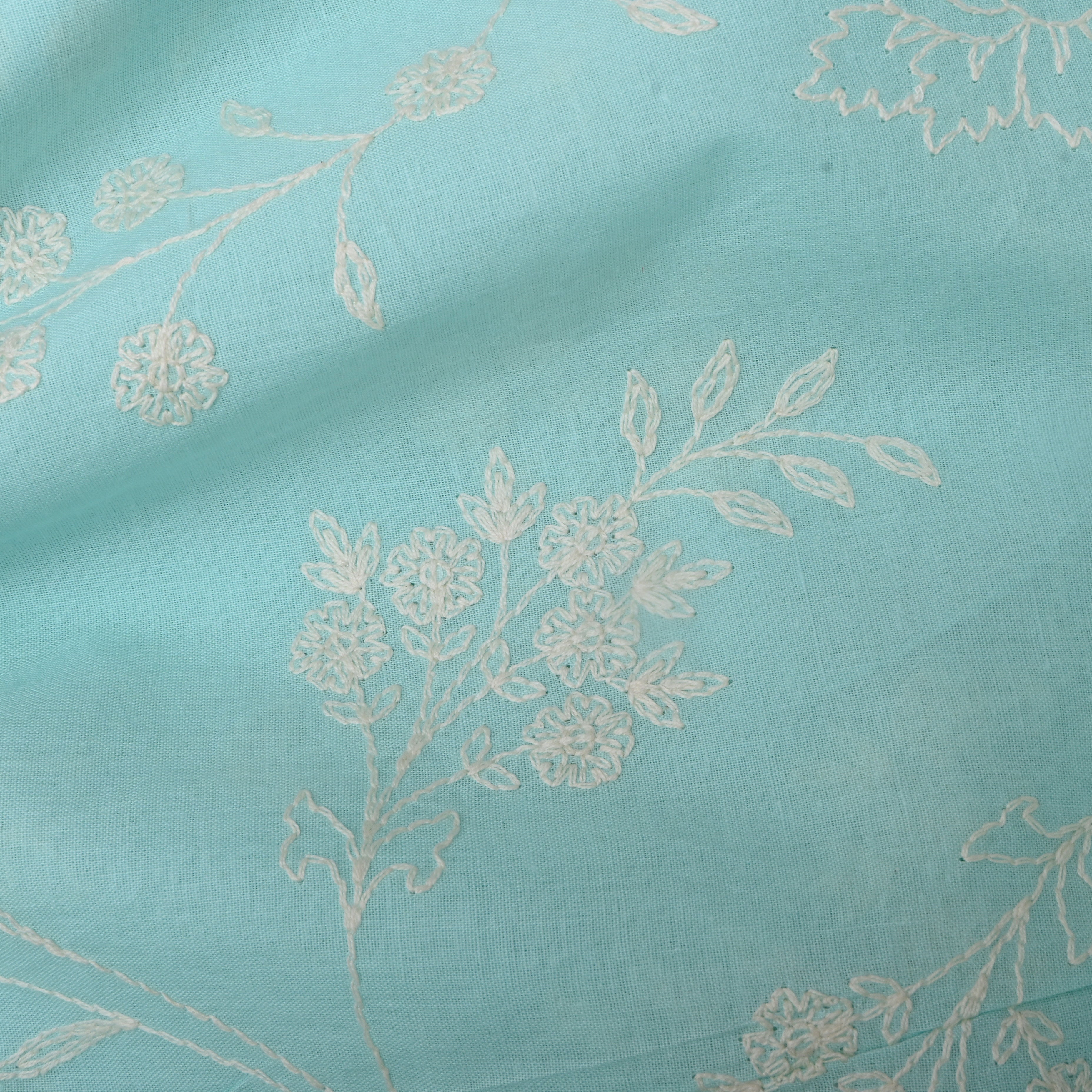 Sky Blue Floral Thread Embroidered Cotton Fabric