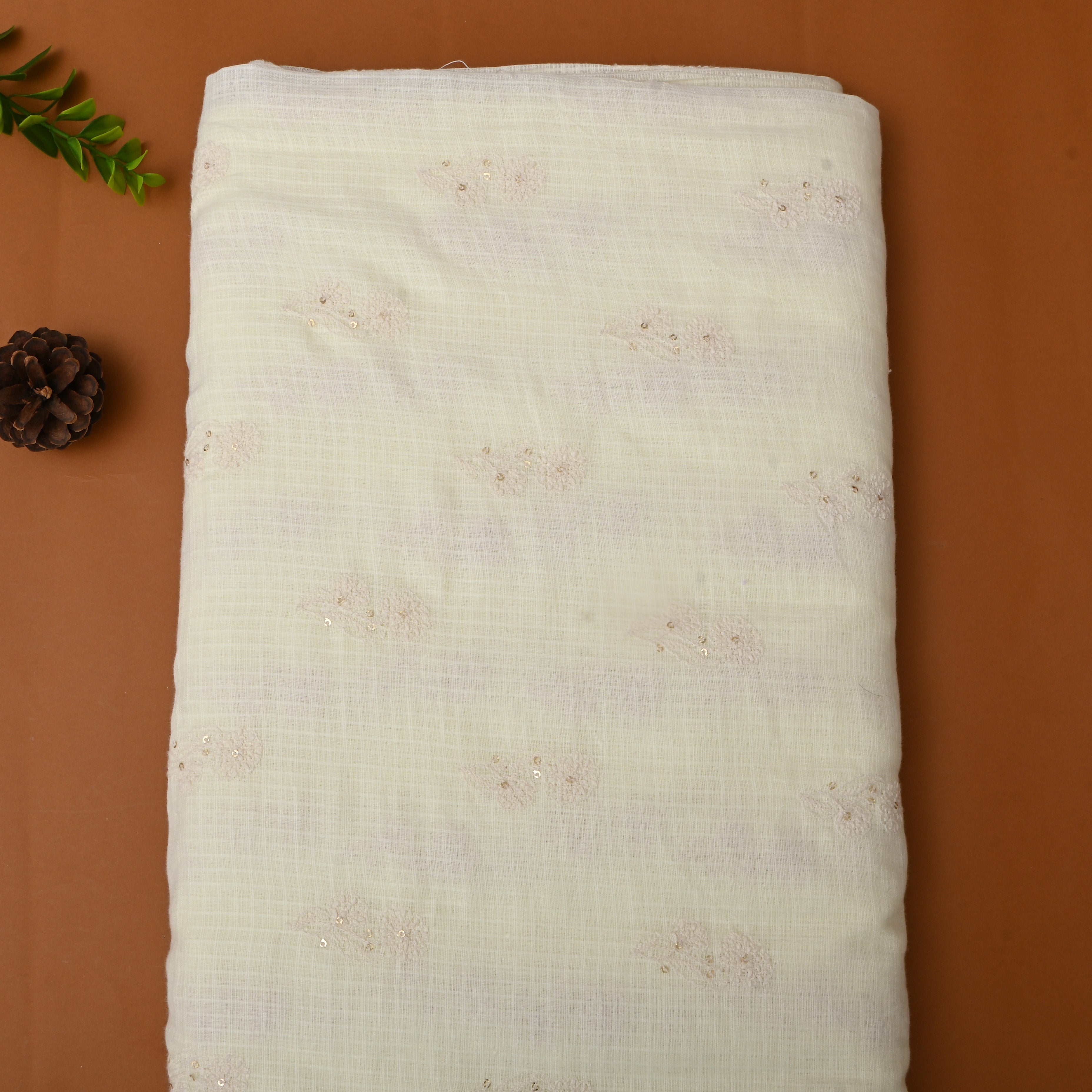 Off-White Floral Thread Embroidered Kota Fabric