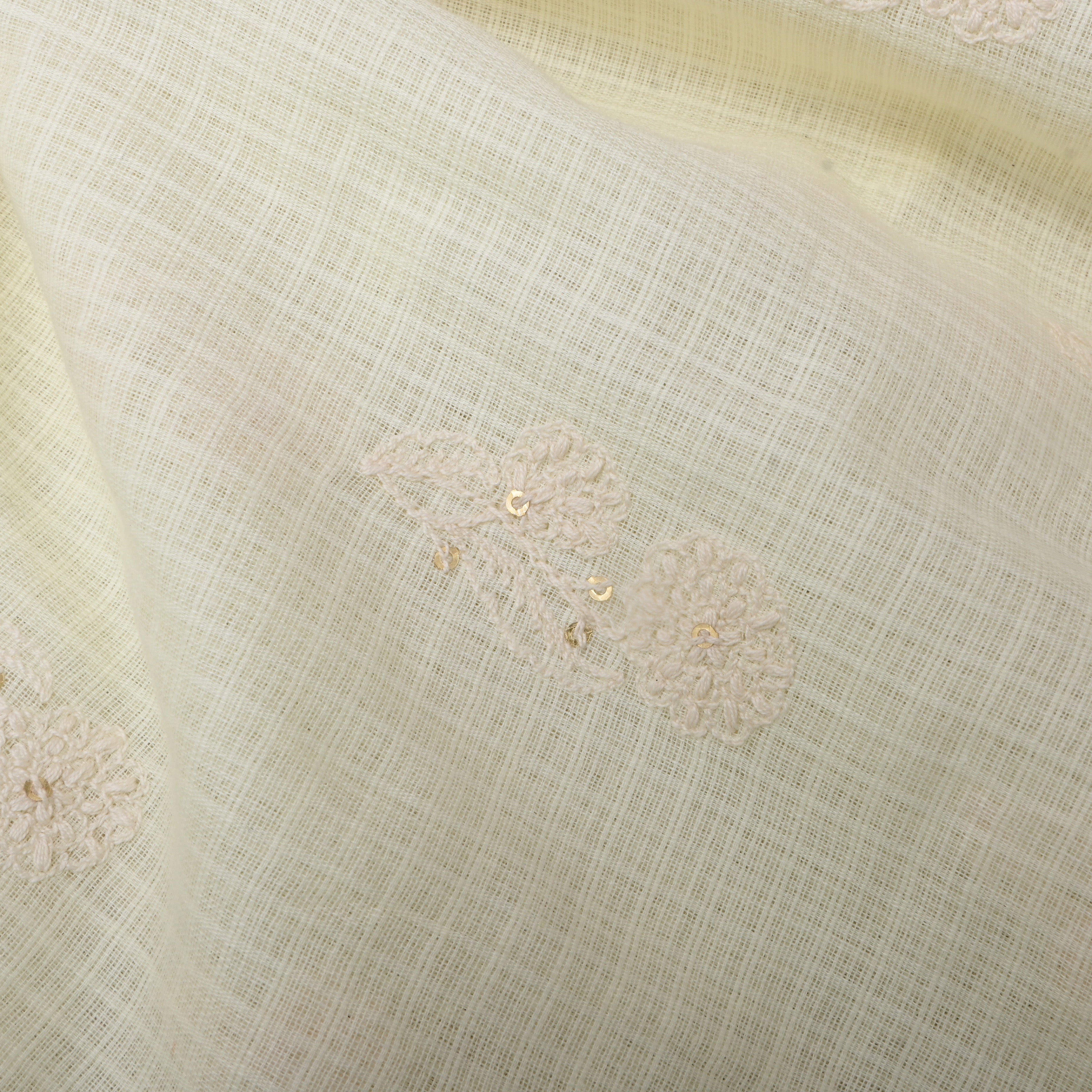Off-White Floral Thread Embroidered Kota Fabric