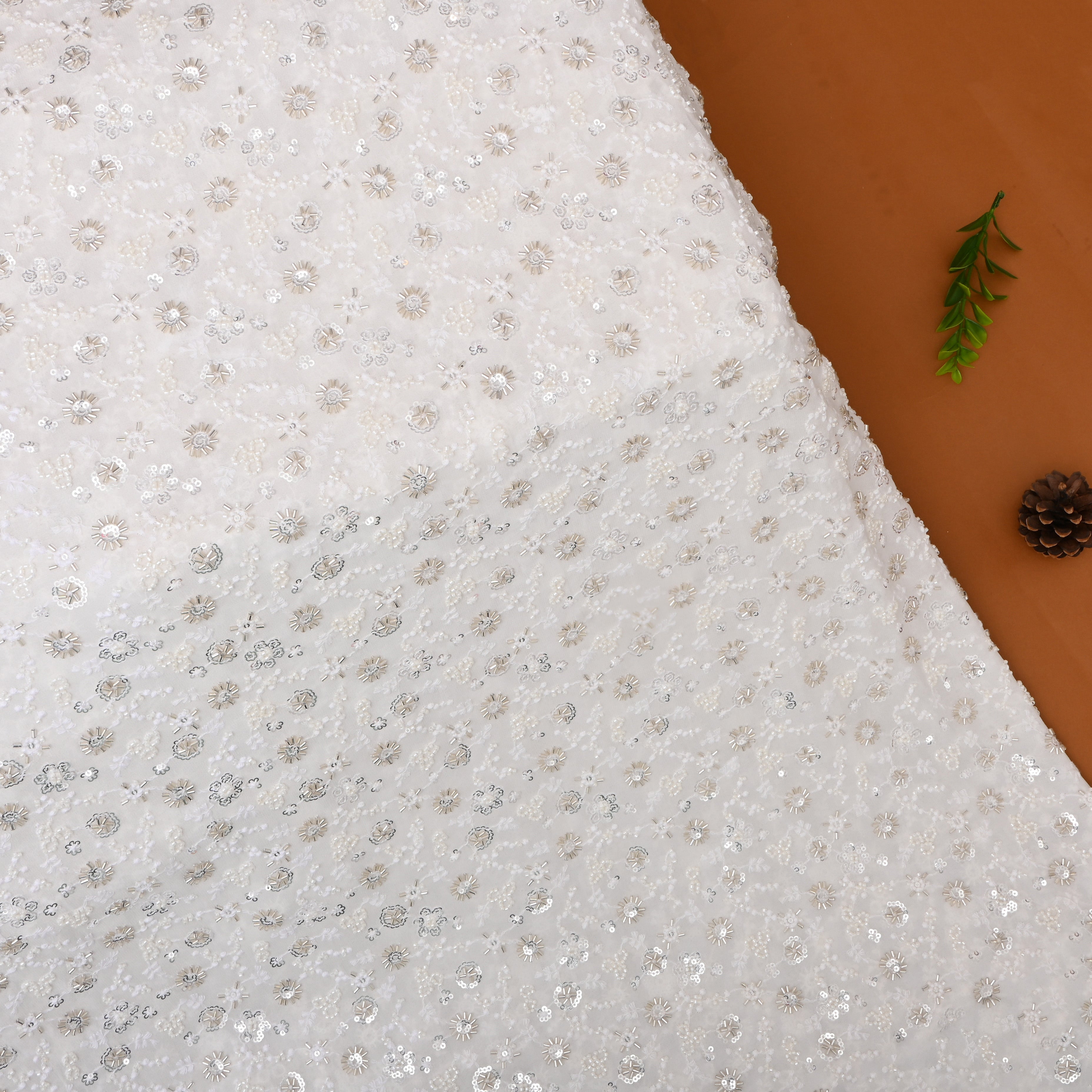 Off White Floral Embroidered Georgette Fabric