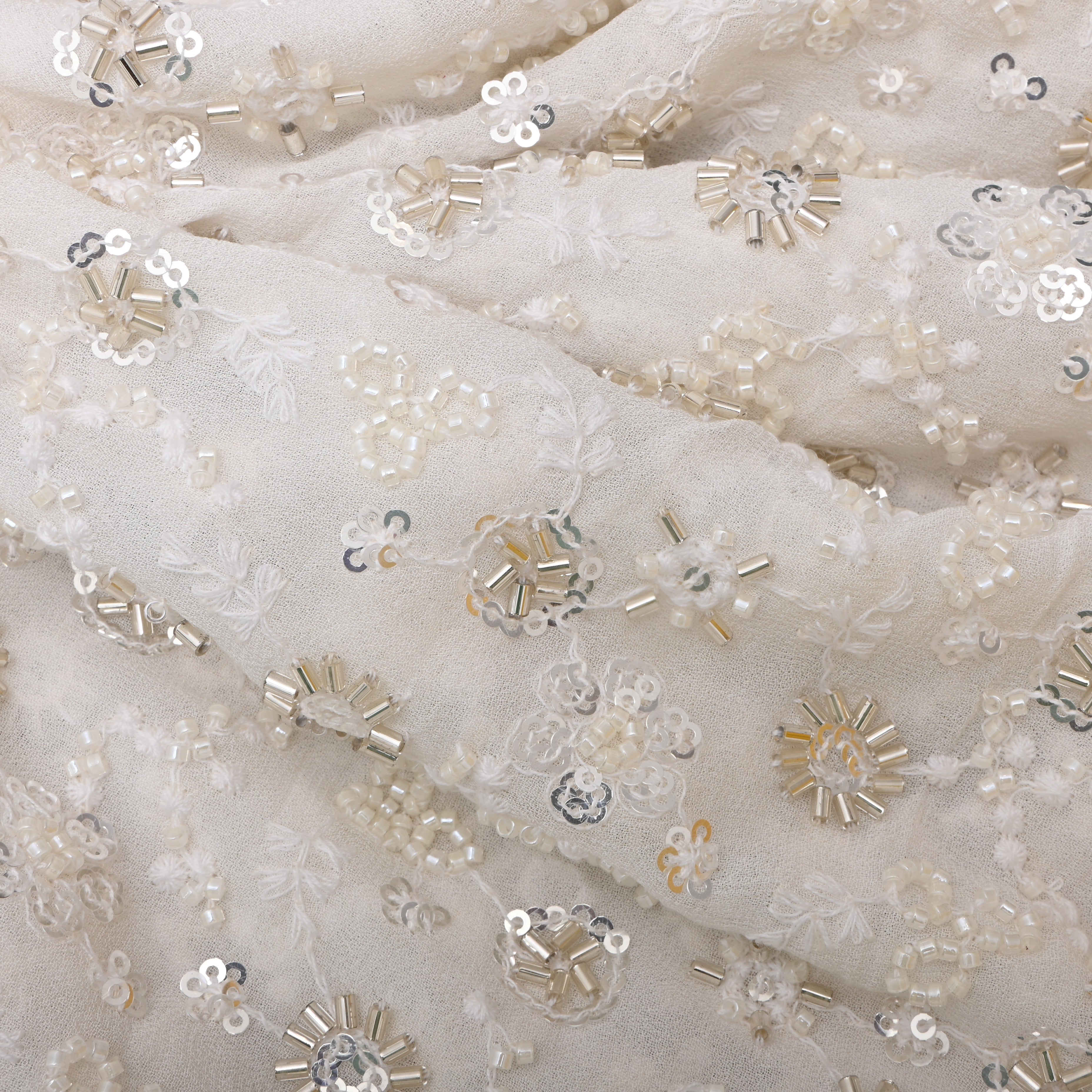 Off White Floral Embroidered Georgette Fabric
