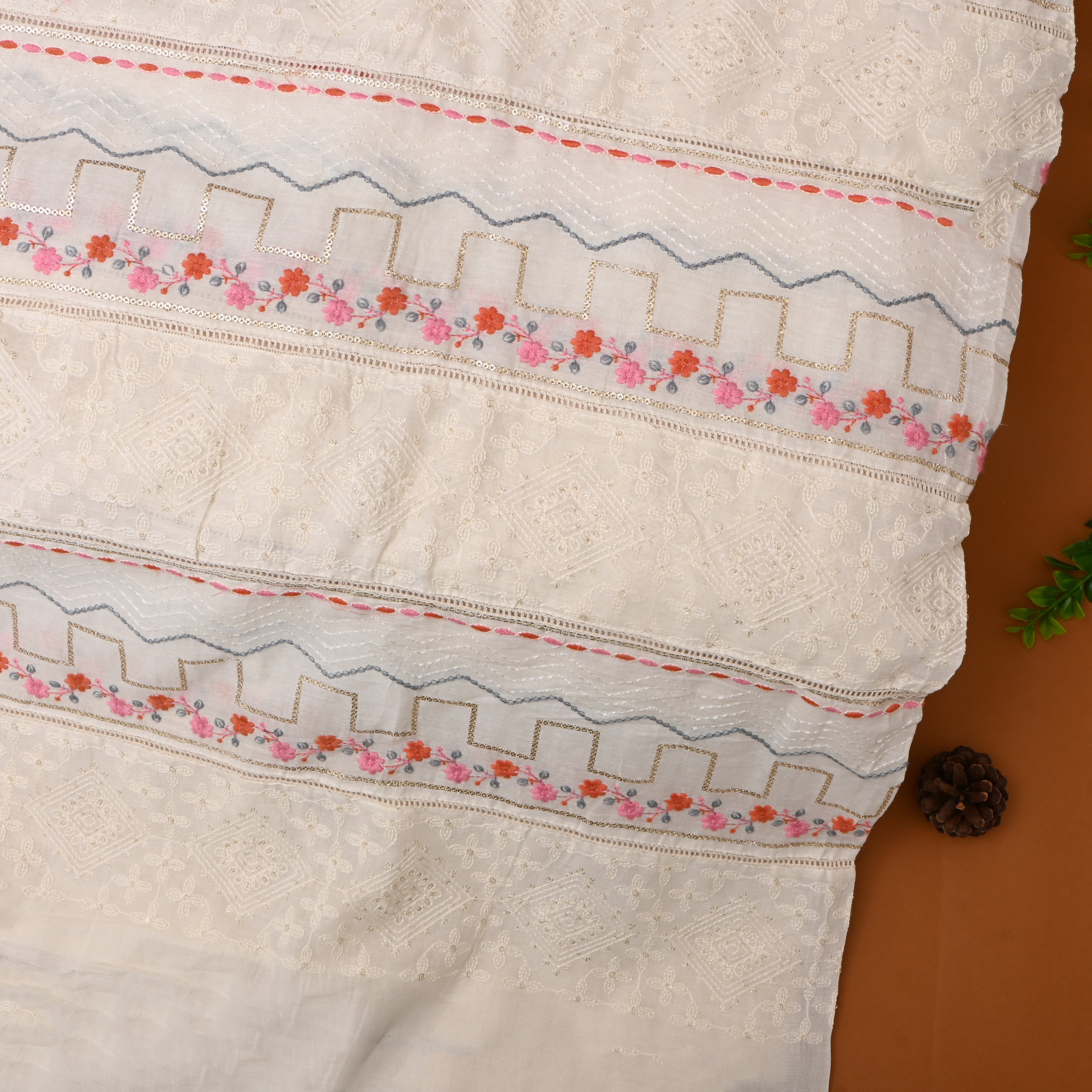 Off-White Pink Red Floral Embroidered Cotton Fabric