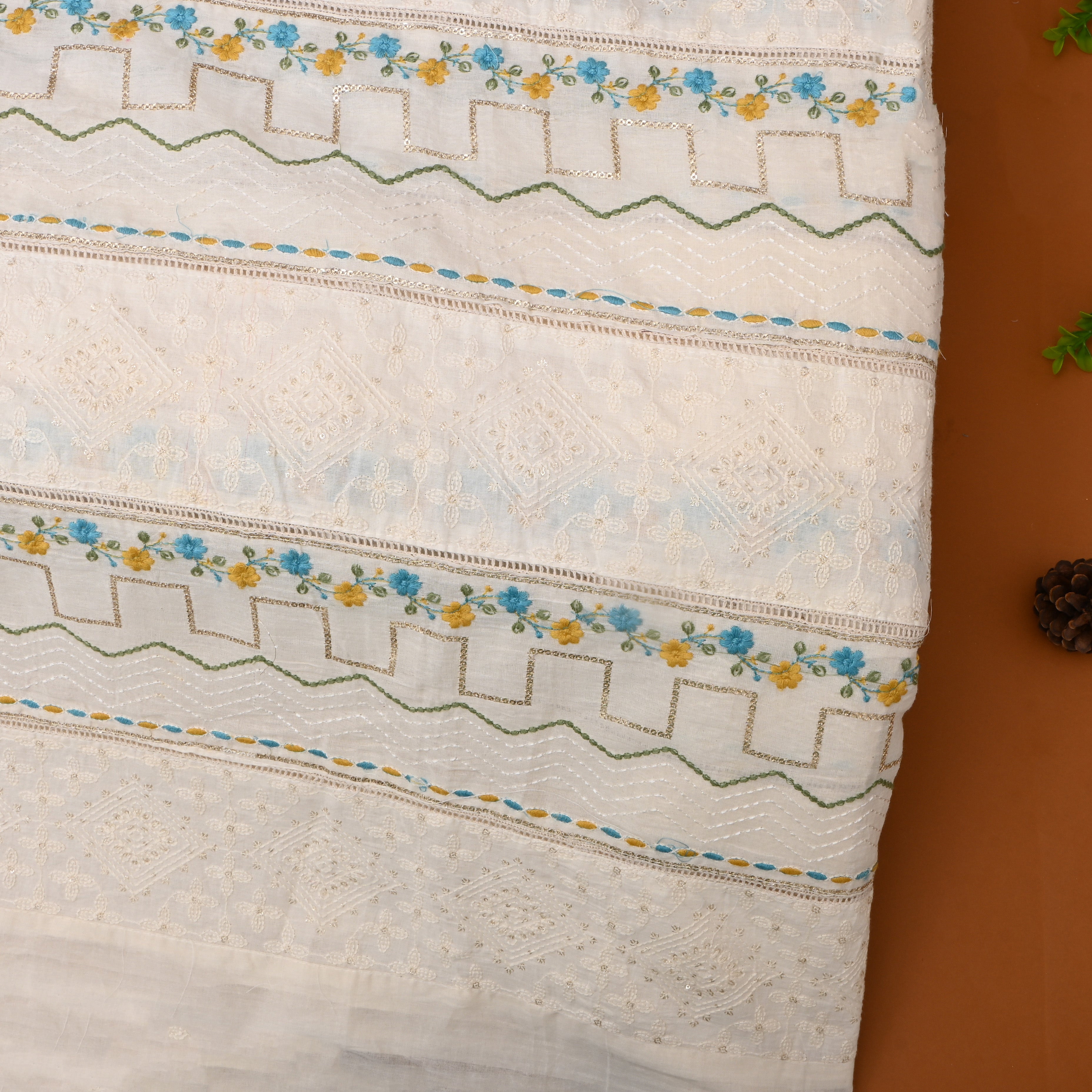 Off-White Yellow Blue Floral Embroidered Cotton Fabric