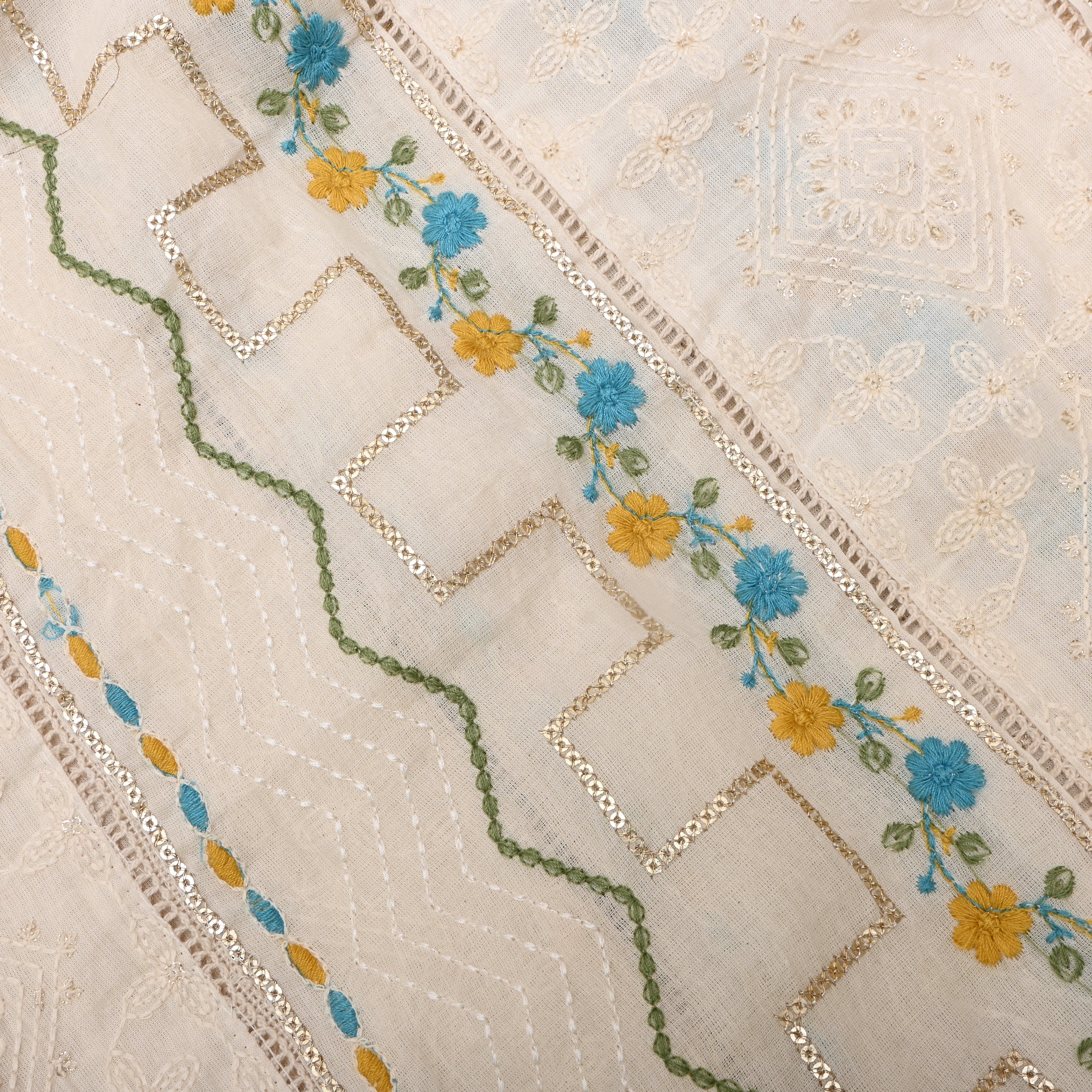 Off-White Yellow Blue Floral Embroidered Cotton Fabric