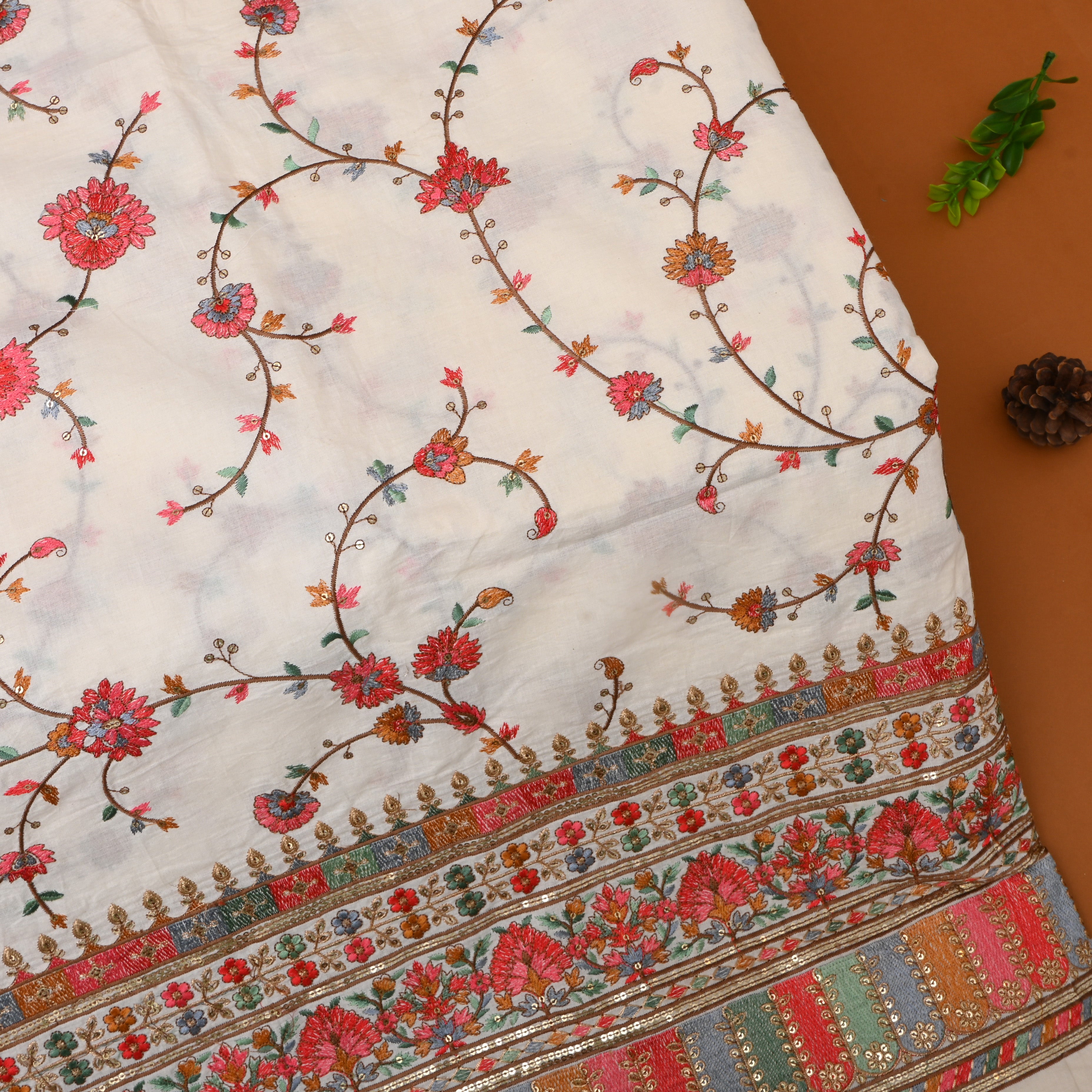 Off-White Multicolour Floral Embroidered Cotton Fabric