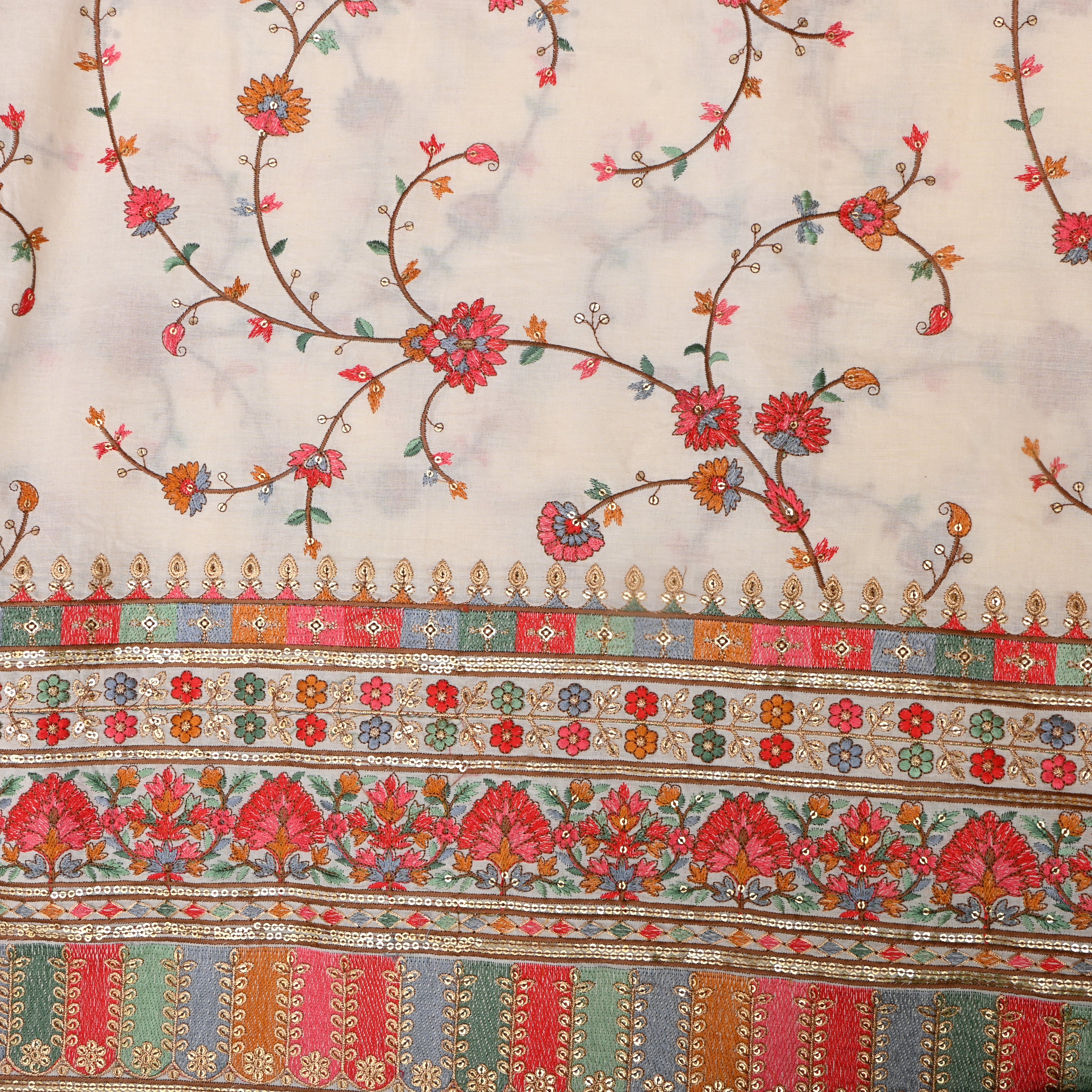 Off-White Multicolour Floral Embroidered Cotton Fabric