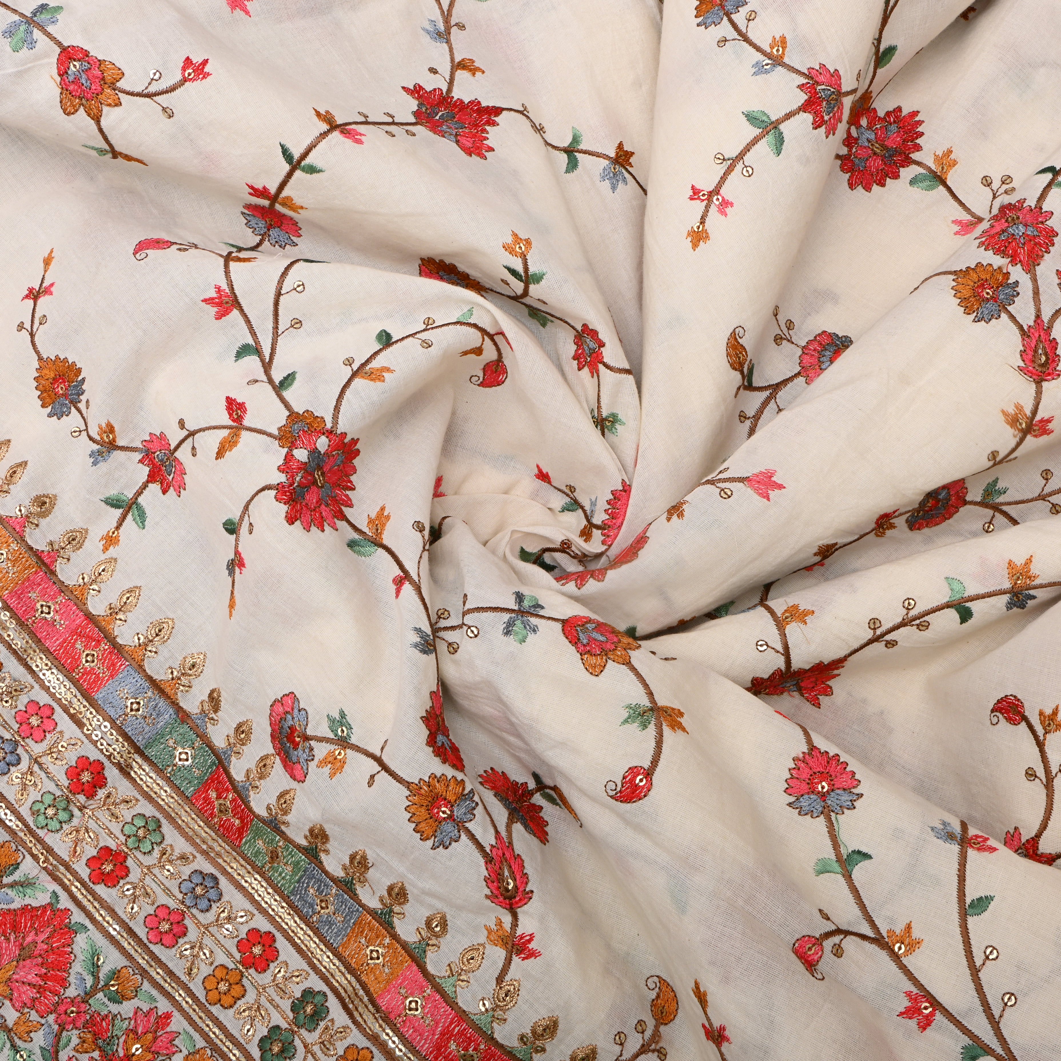 Off-White Multicolour Floral Embroidered Cotton Fabric
