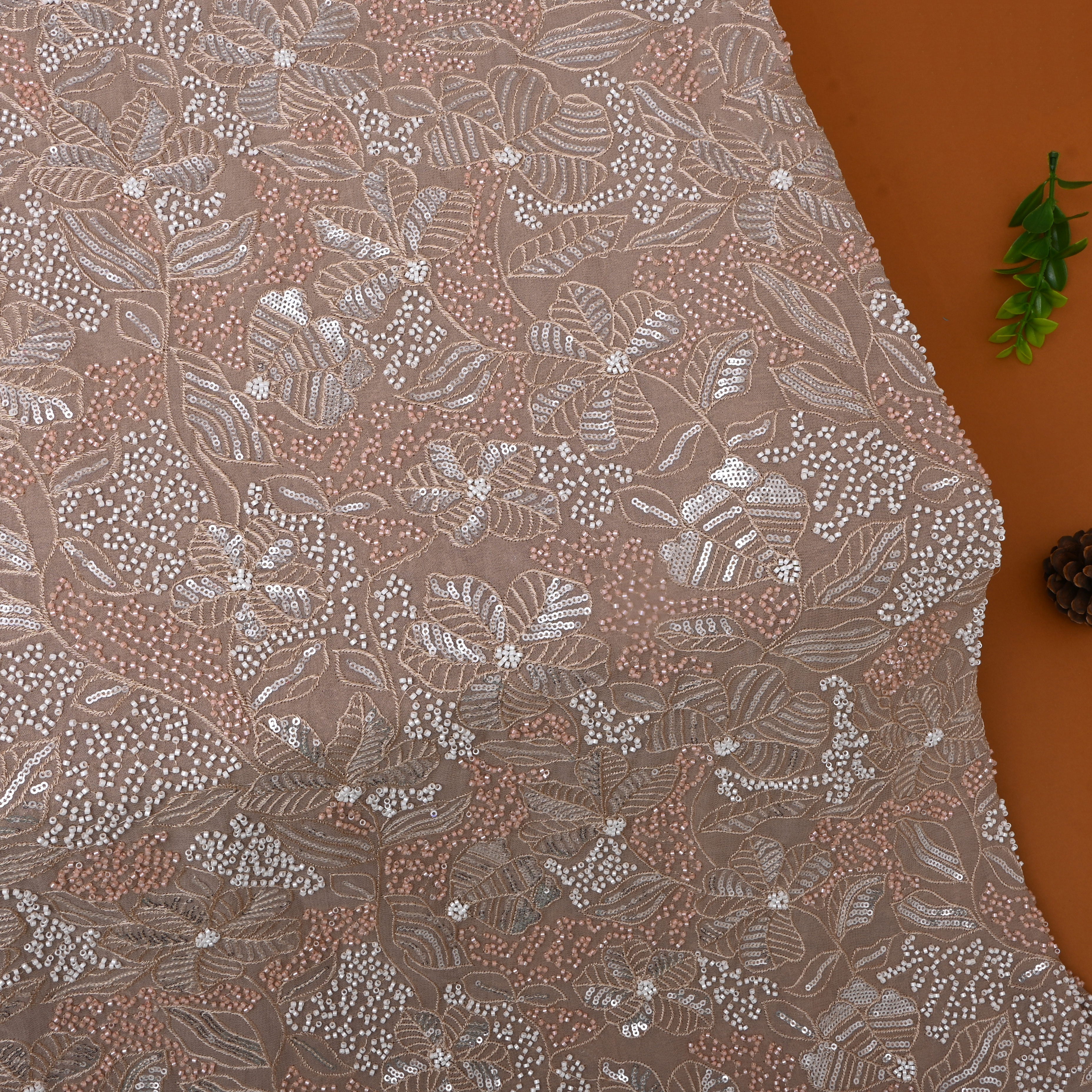 Dusty Pink Sequin And Bead Work Georgette Fabric