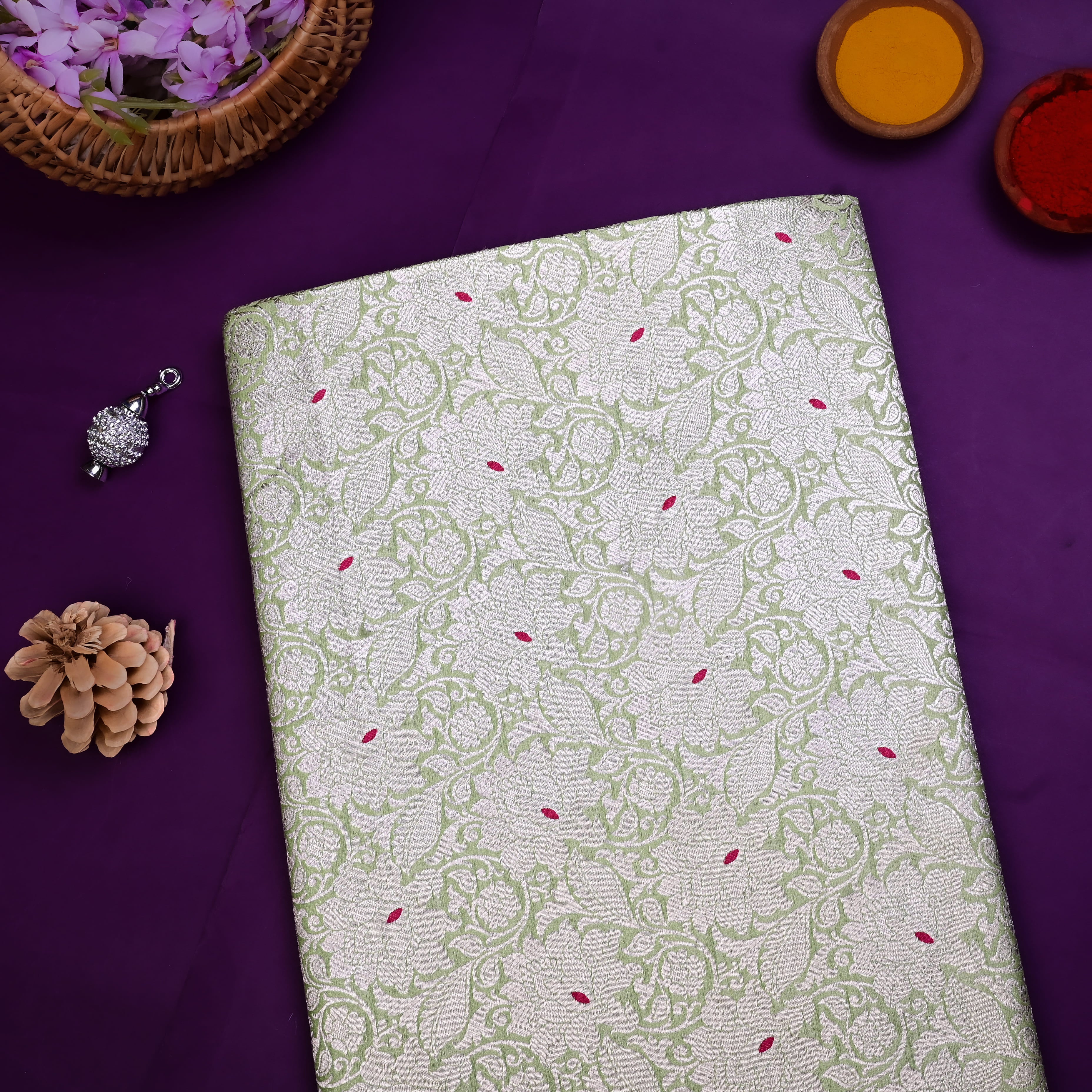 Pista Green Banarasi Fabric With Silver Zari