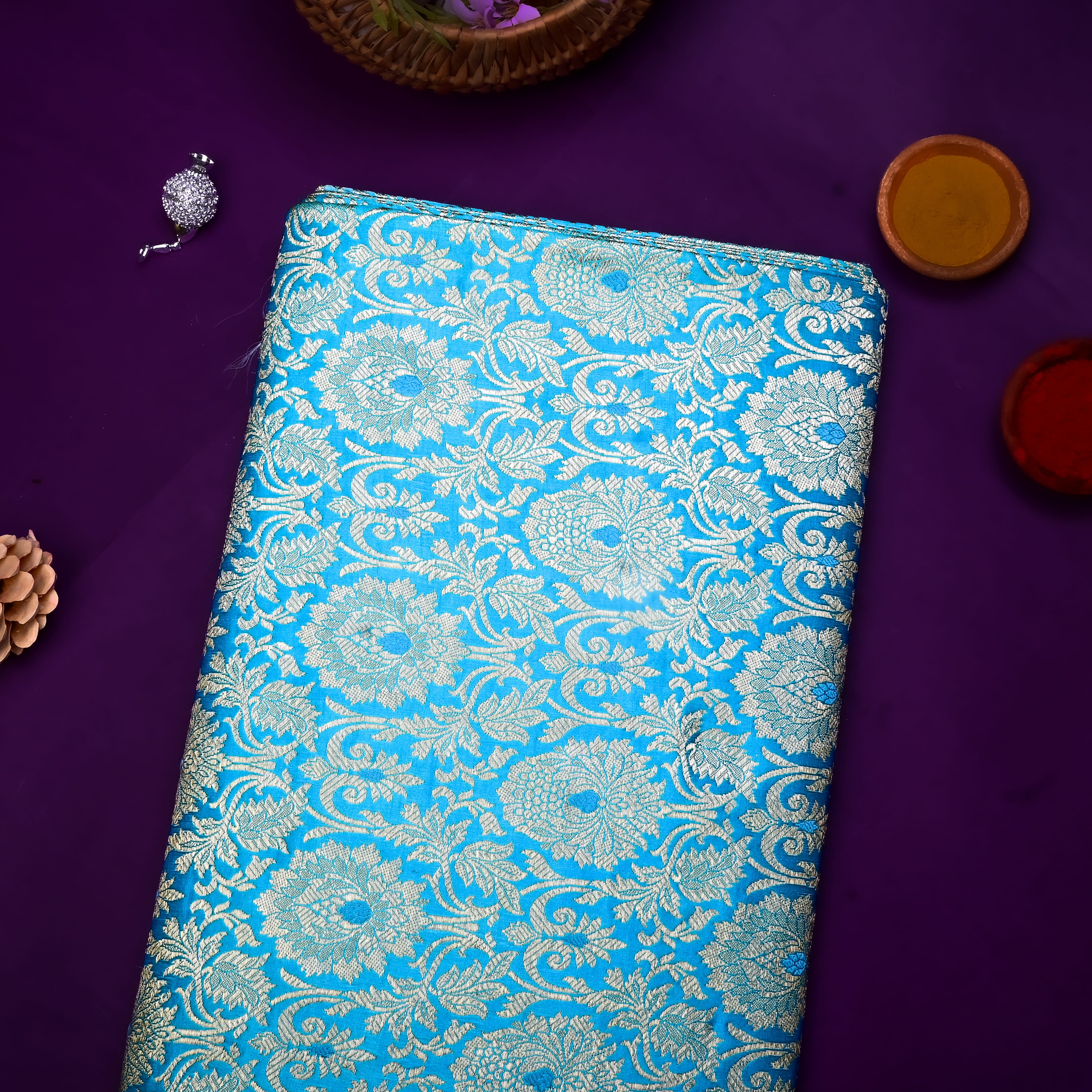 Sky Blue Banarasi Fabric With Silver Zari