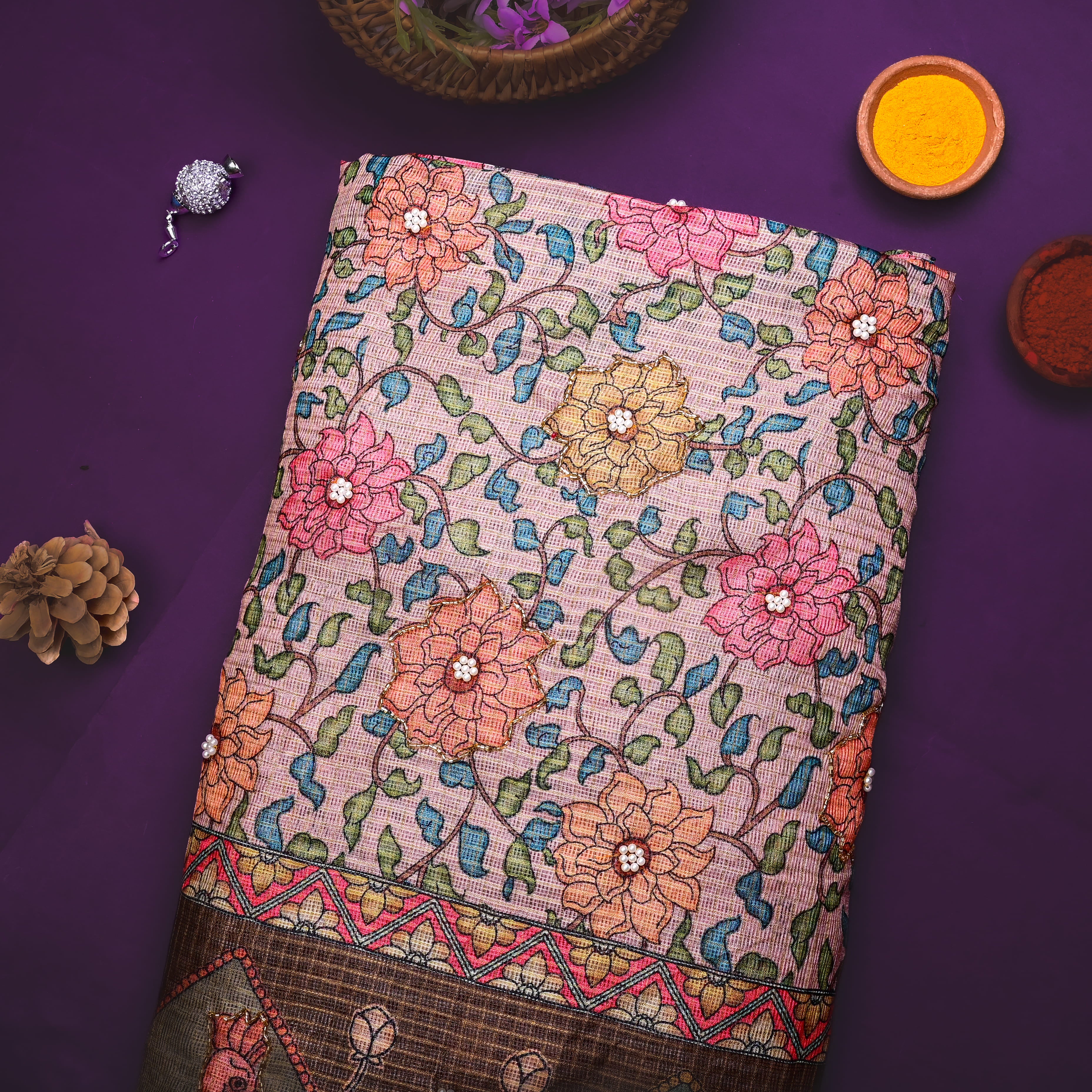 Soft Pink Kota Fabric With Printed Embroidery