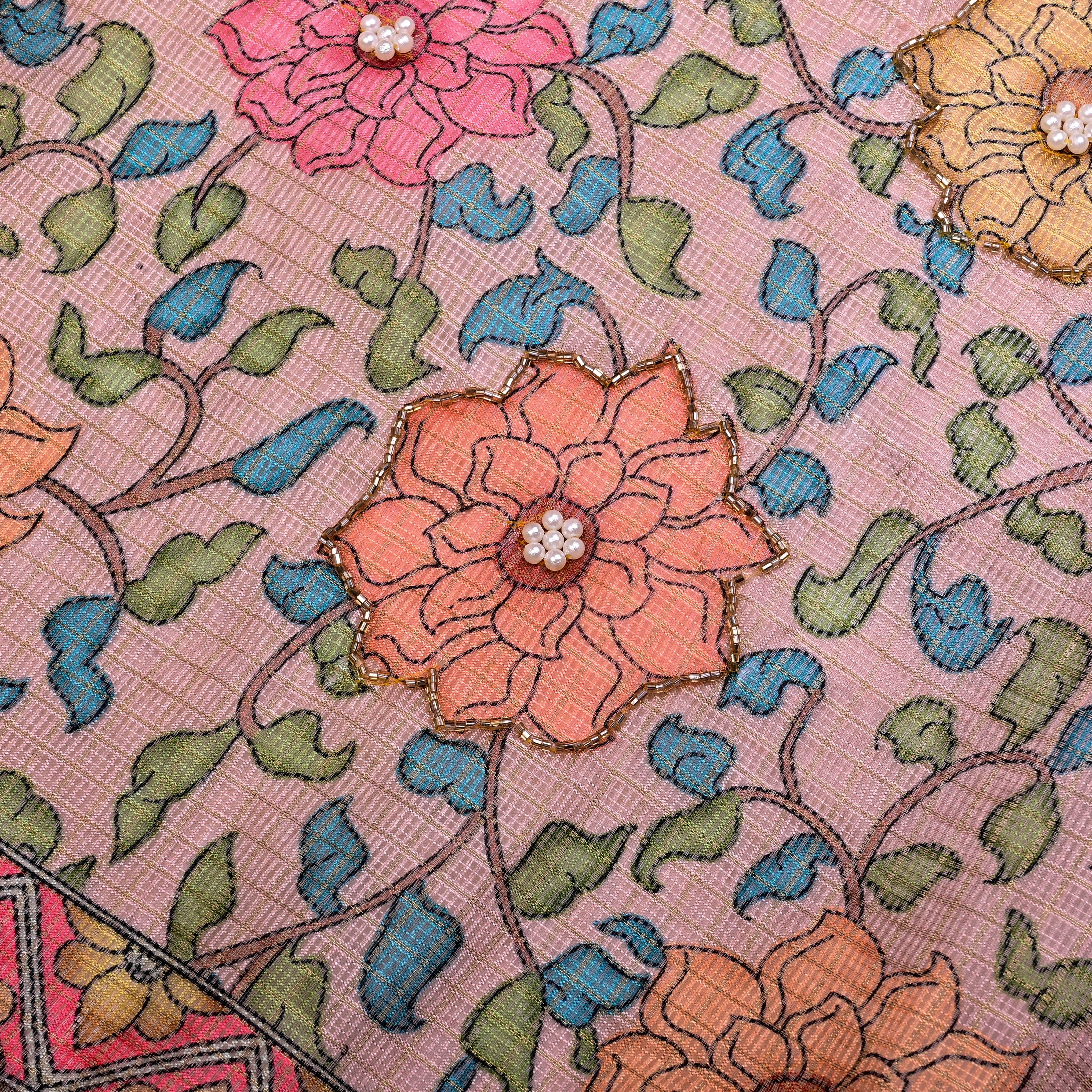 Soft Pink Kota Fabric With Printed Embroidery