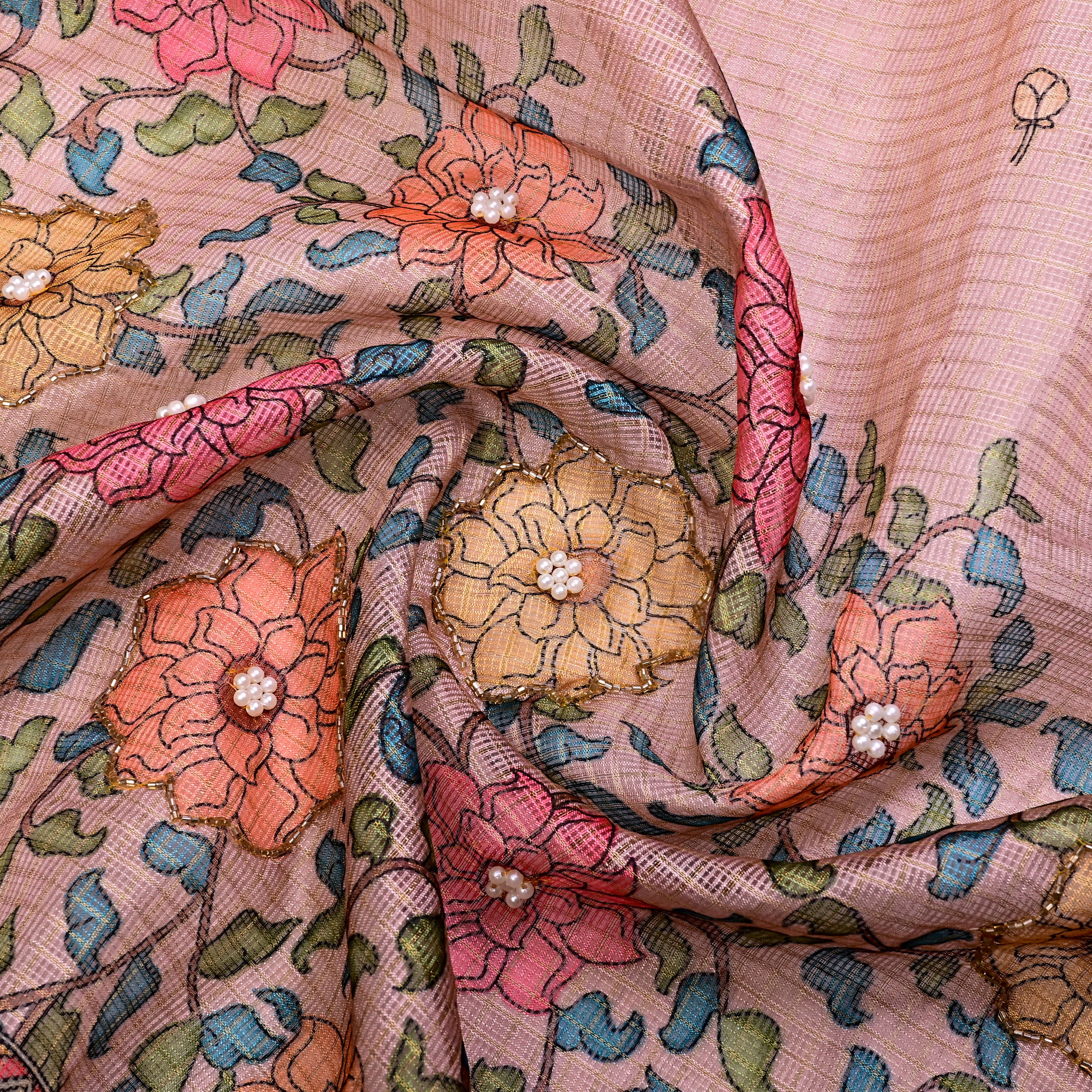 Soft Pink Kota Fabric With Printed Embroidery