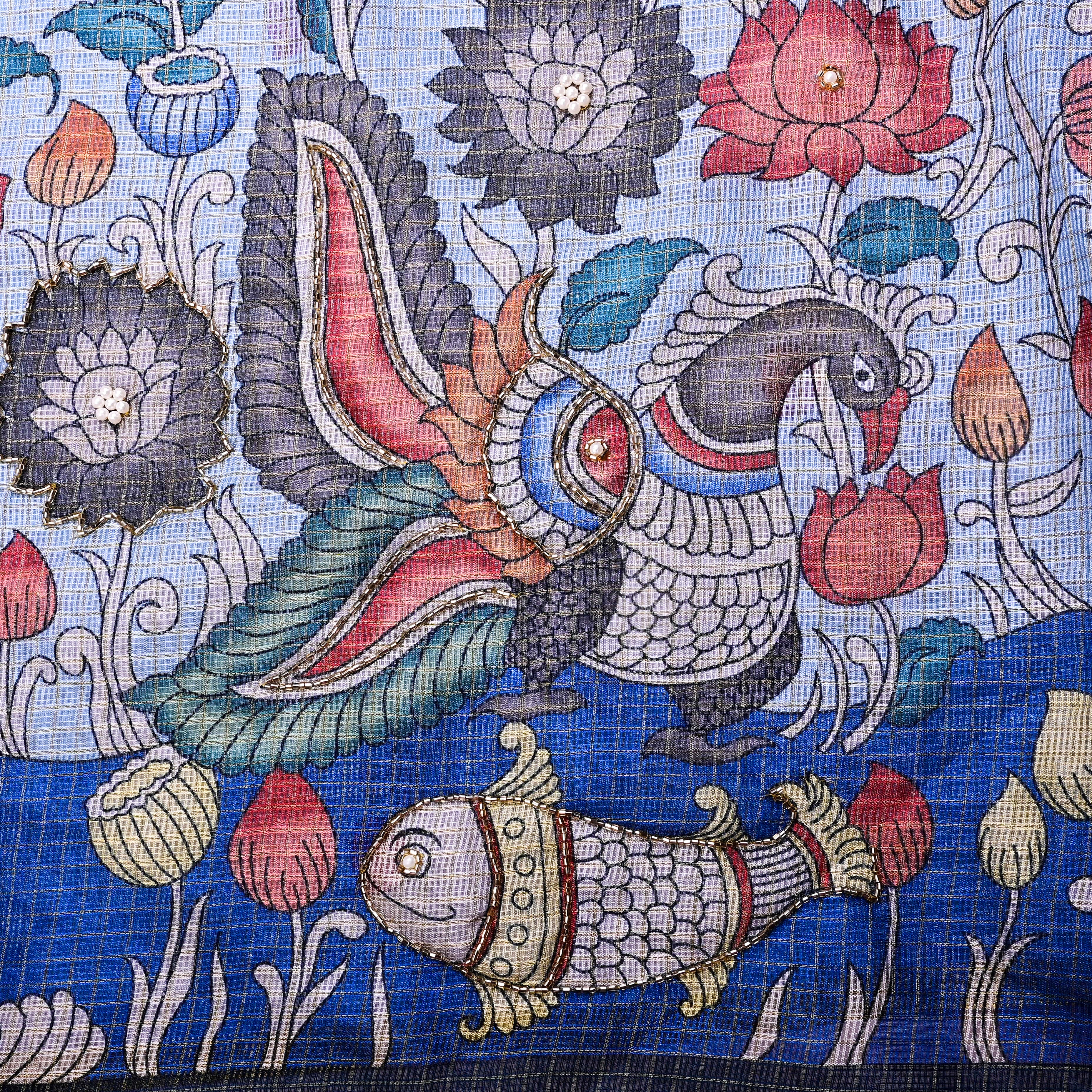 Pale Cornflower Blue Kota Fabric With Printed Embroidery