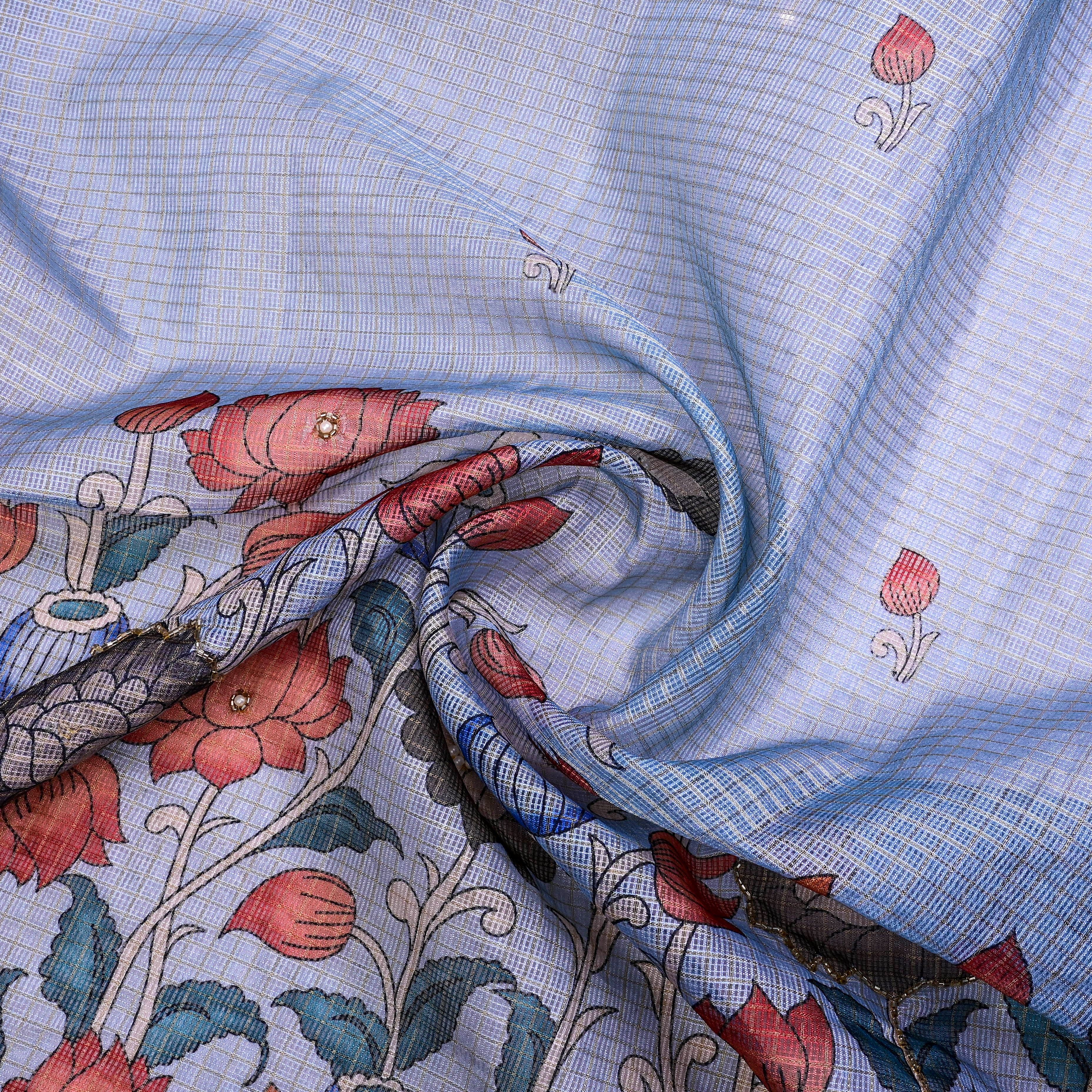 Pale Cornflower Blue Kota Fabric With Printed Embroidery