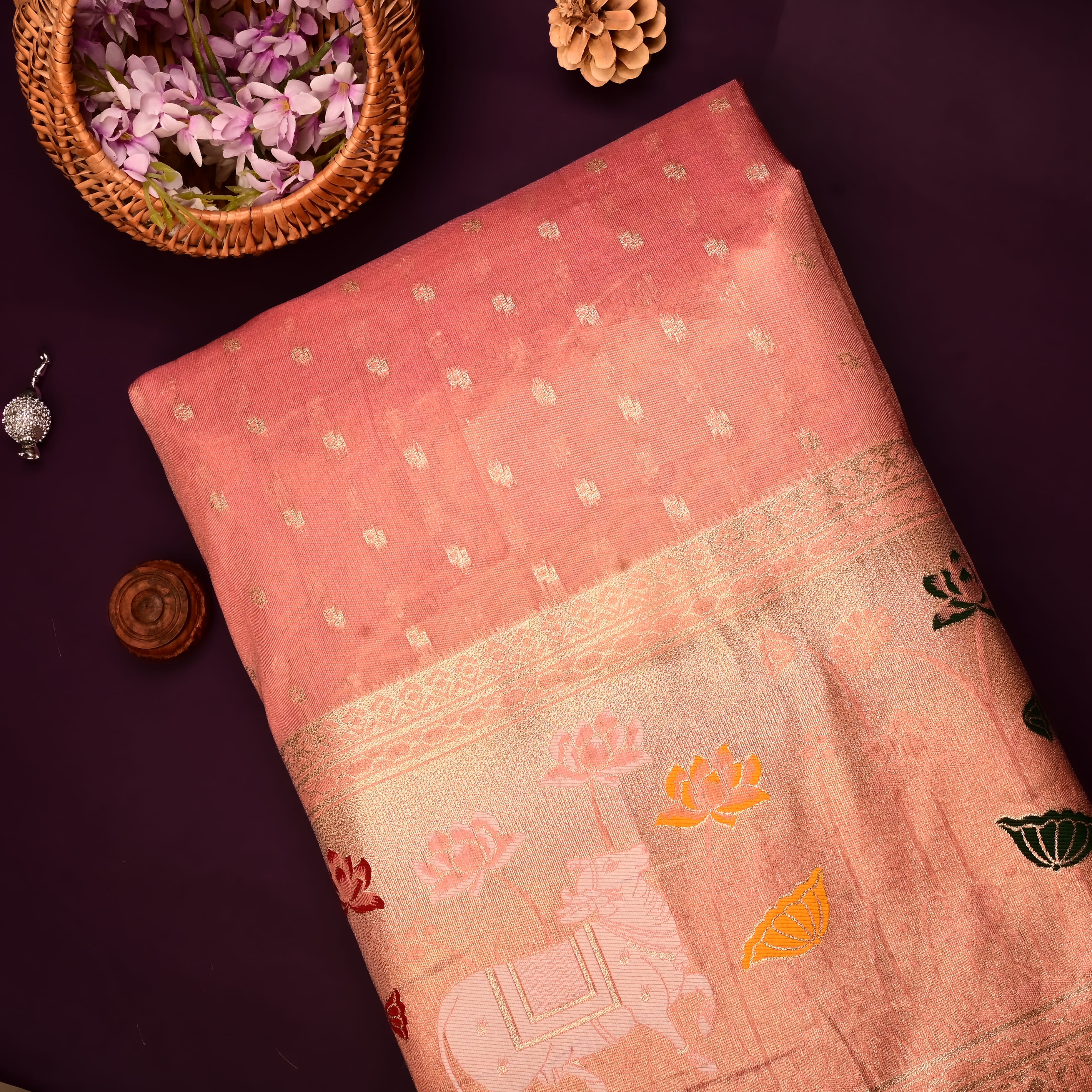 Dark Salmon Pink Jamawar Tissue Fabric With Pichwai Border