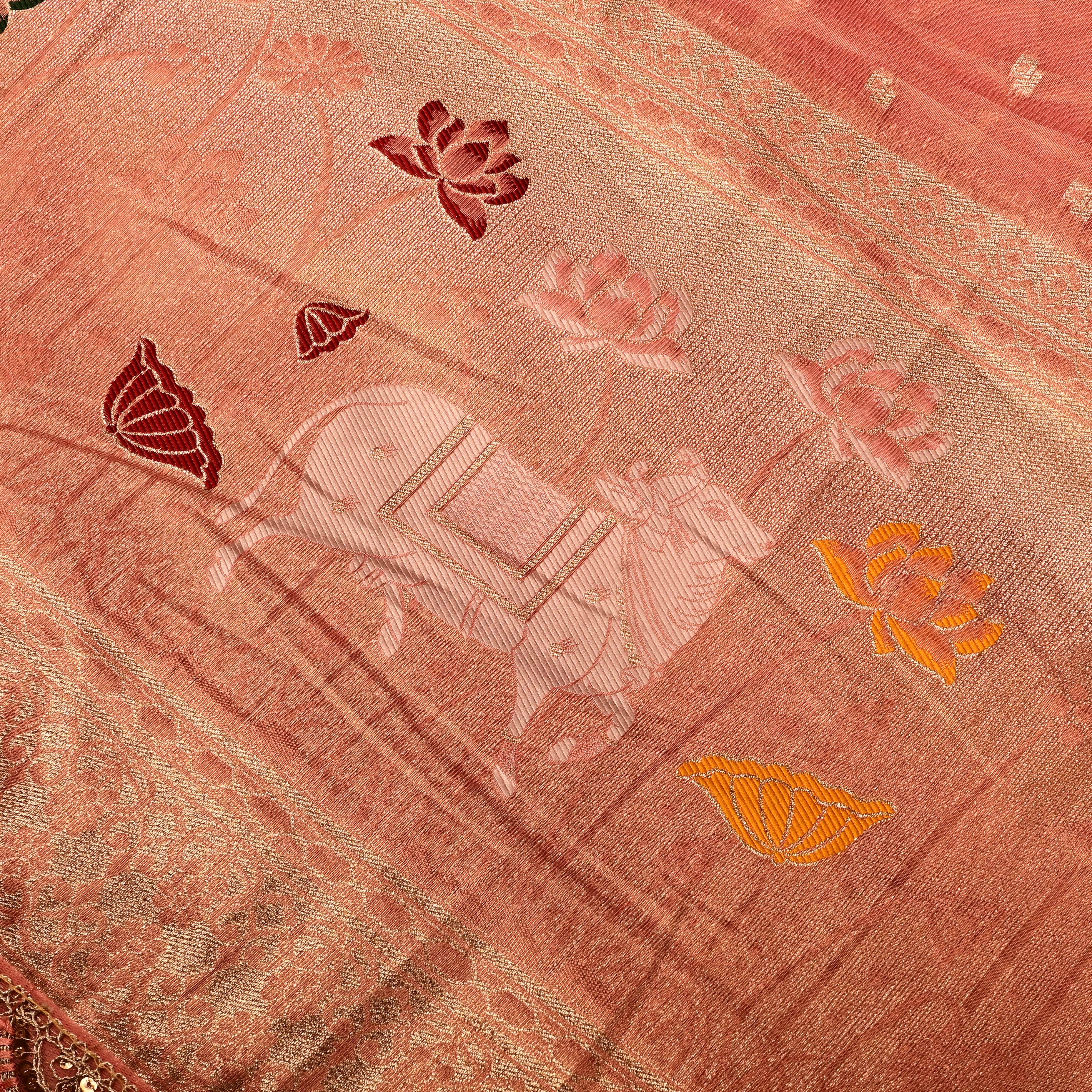 Dark Salmon Pink Jamawar Tissue Fabric With Pichwai Border