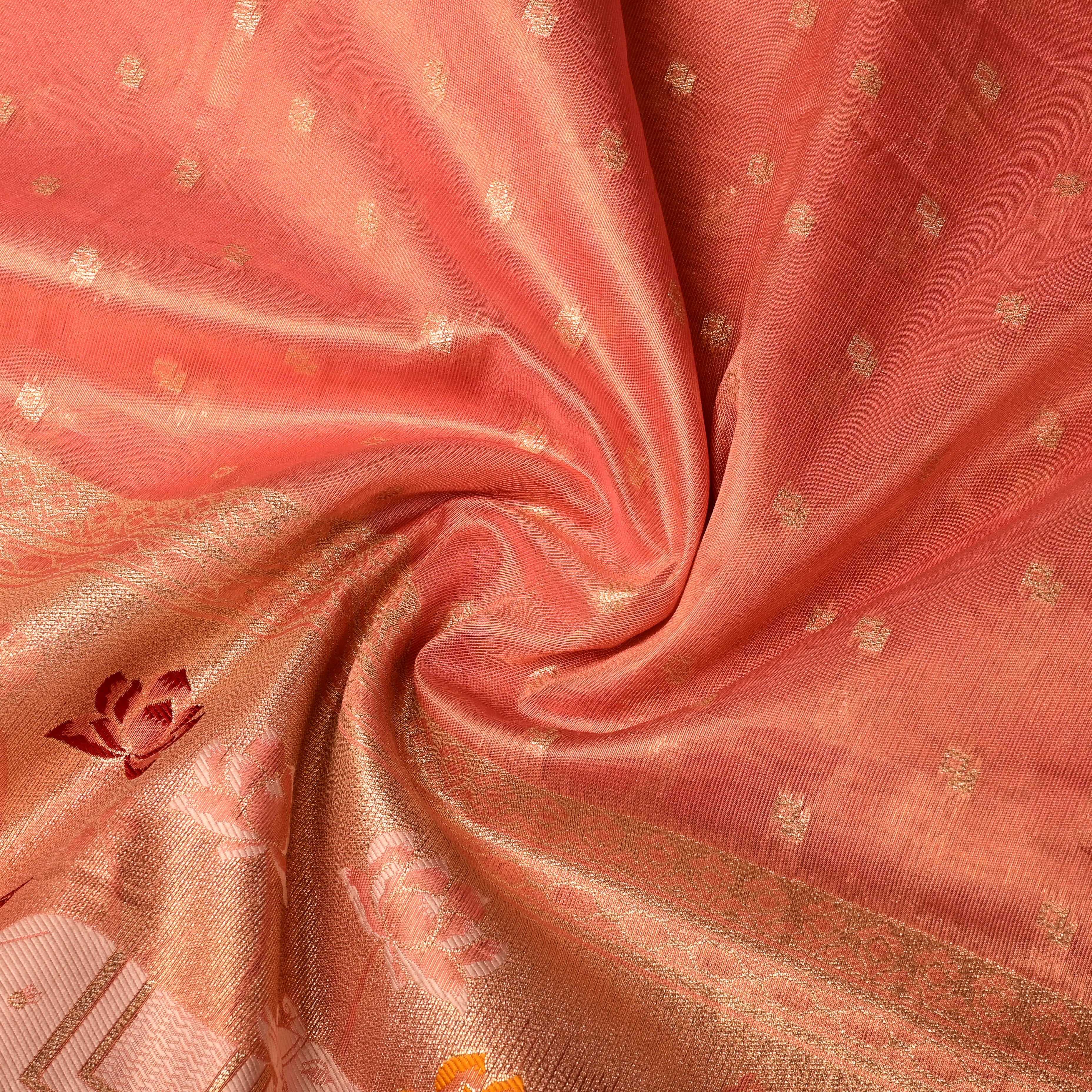 Dark Salmon Pink Jamawar Tissue Fabric With Pichwai Border