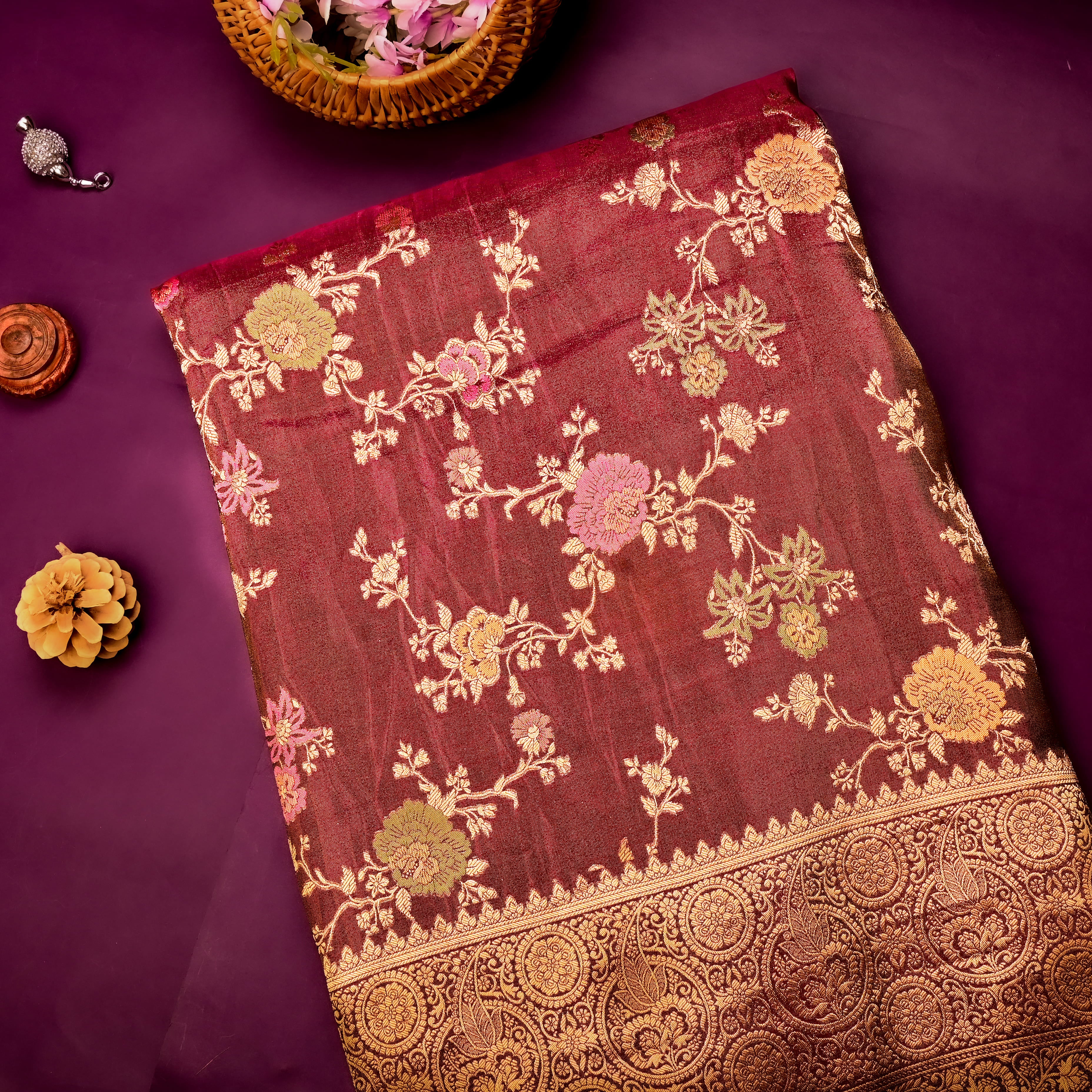 Auburn Burgundy Jamawar Tissue Fabric With Meenakari Design