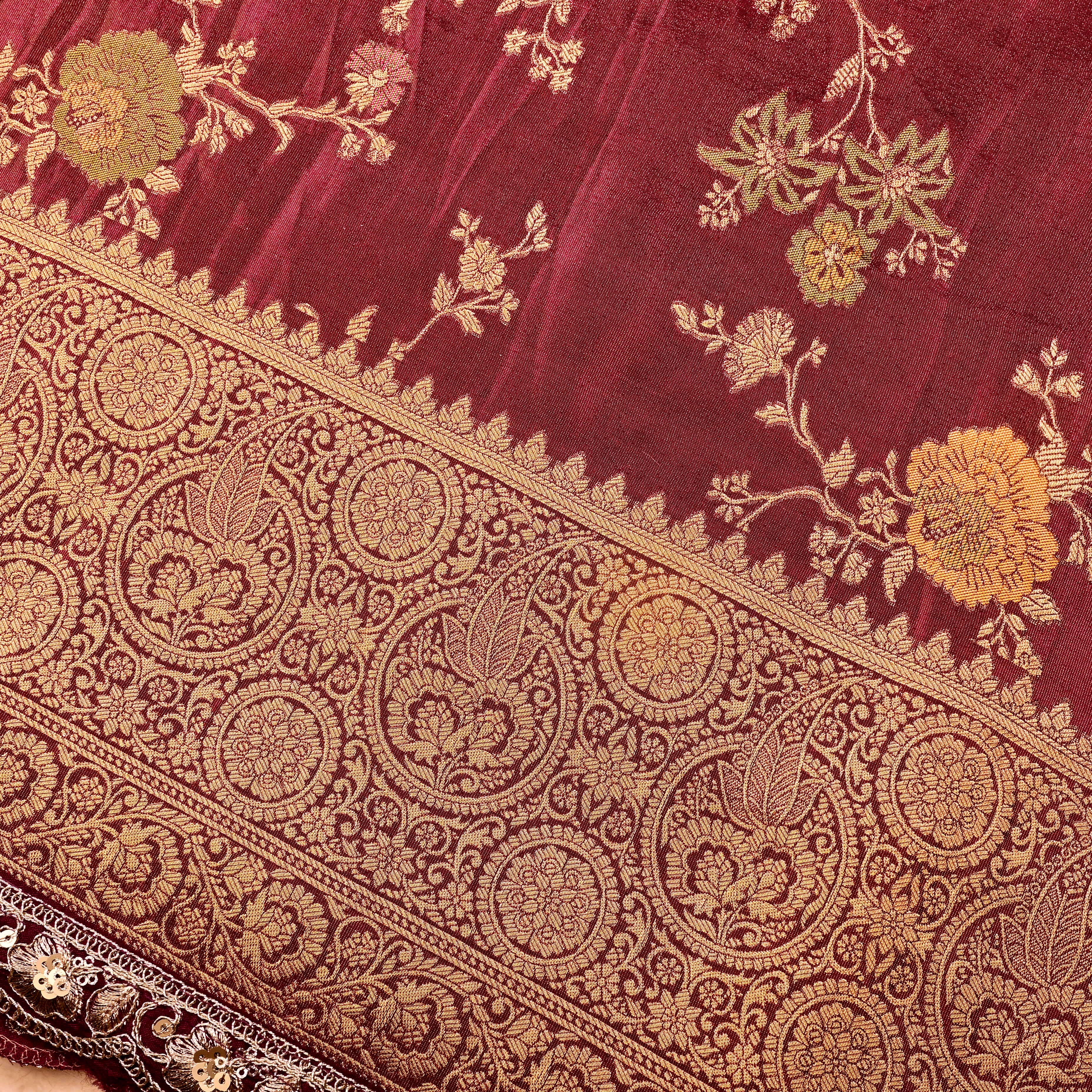 Auburn Burgundy Jamawar Tissue Fabric With Meenakari Design