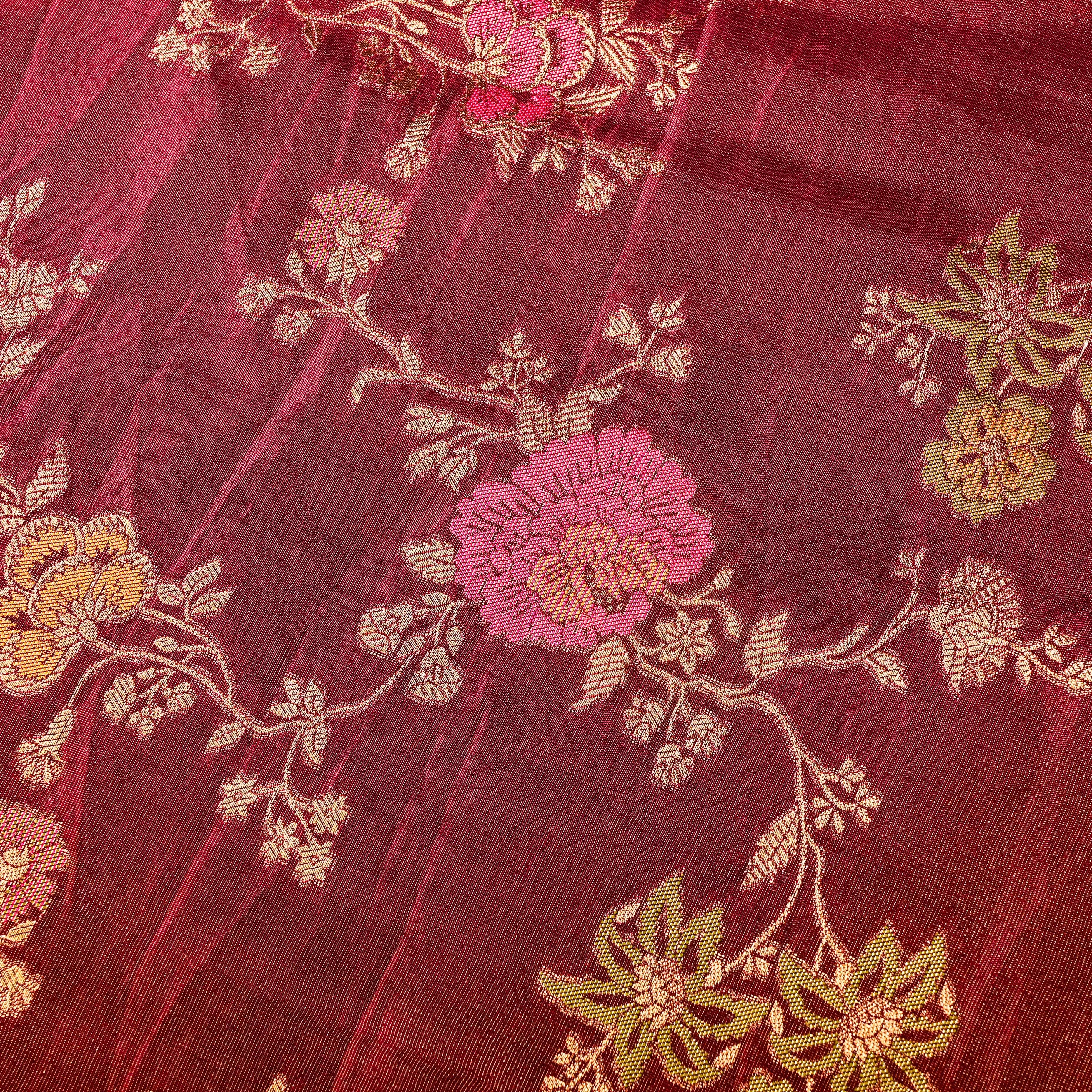 Auburn Burgundy Jamawar Tissue Fabric With Meenakari Design