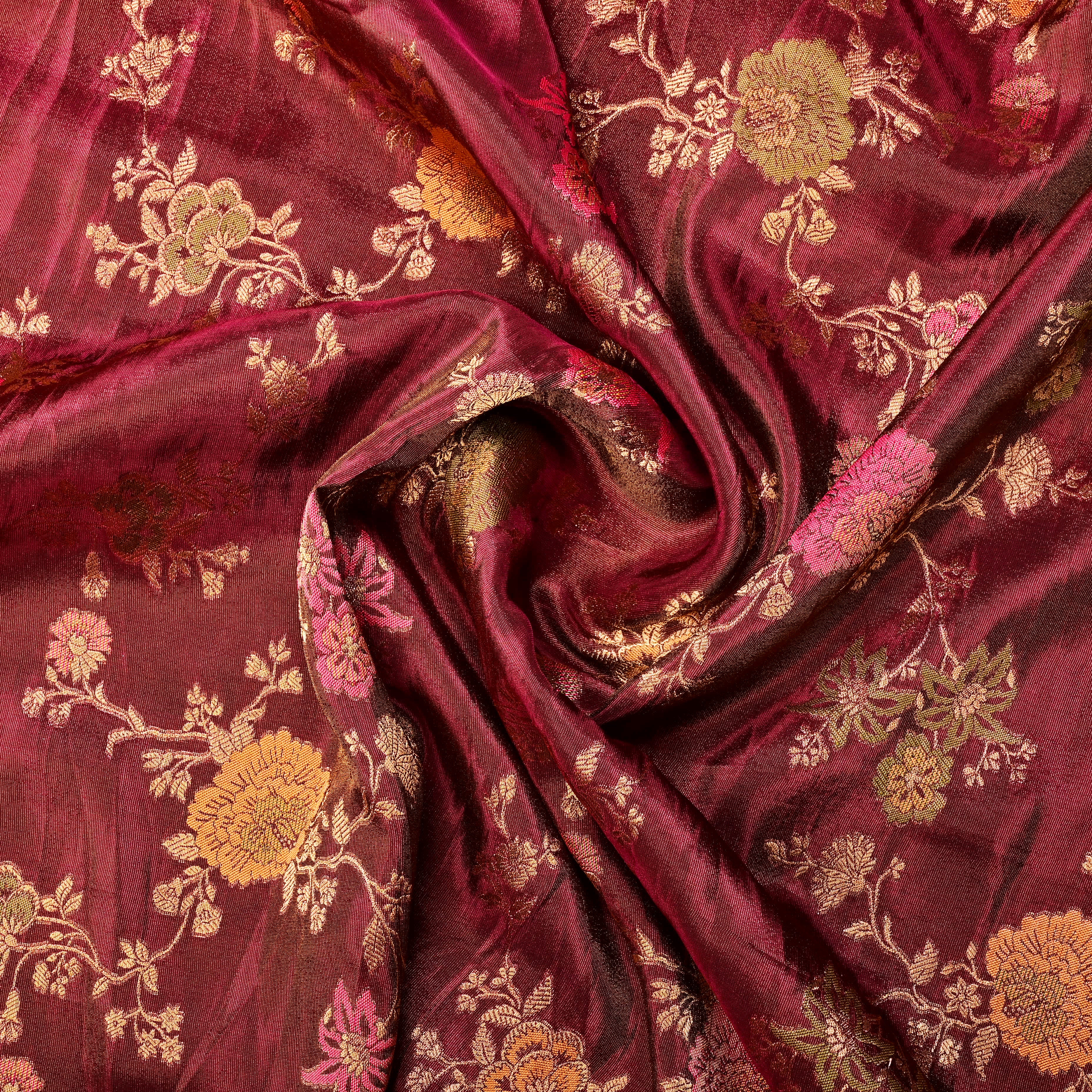 Auburn Burgundy Jamawar Tissue Fabric With Meenakari Design