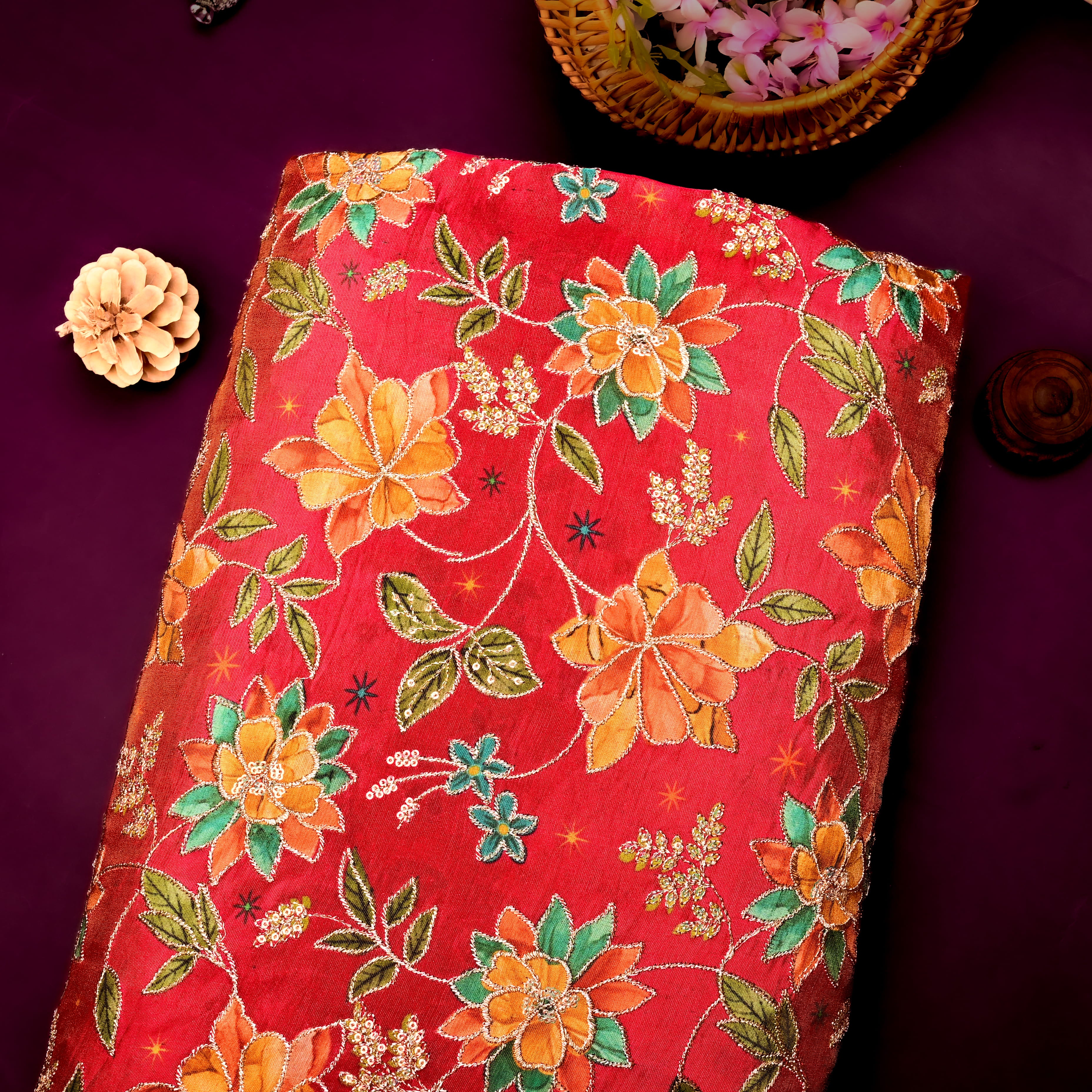 Red Tissue Fabric With Printed Embroidery