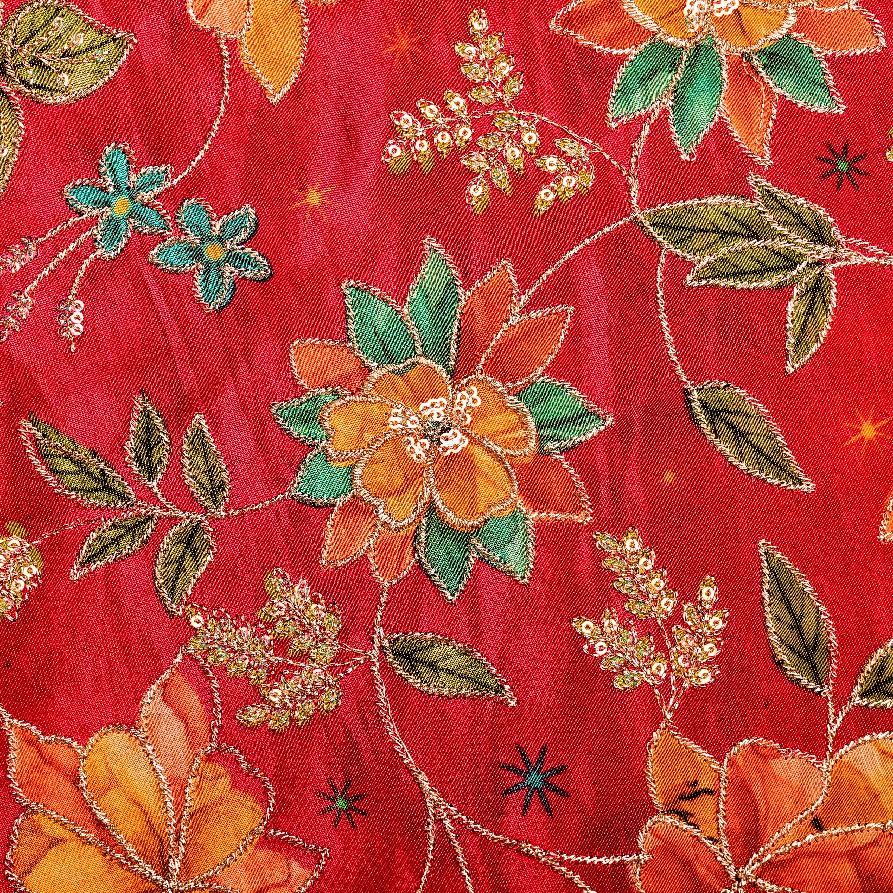 Red Tissue Fabric With Printed Embroidery