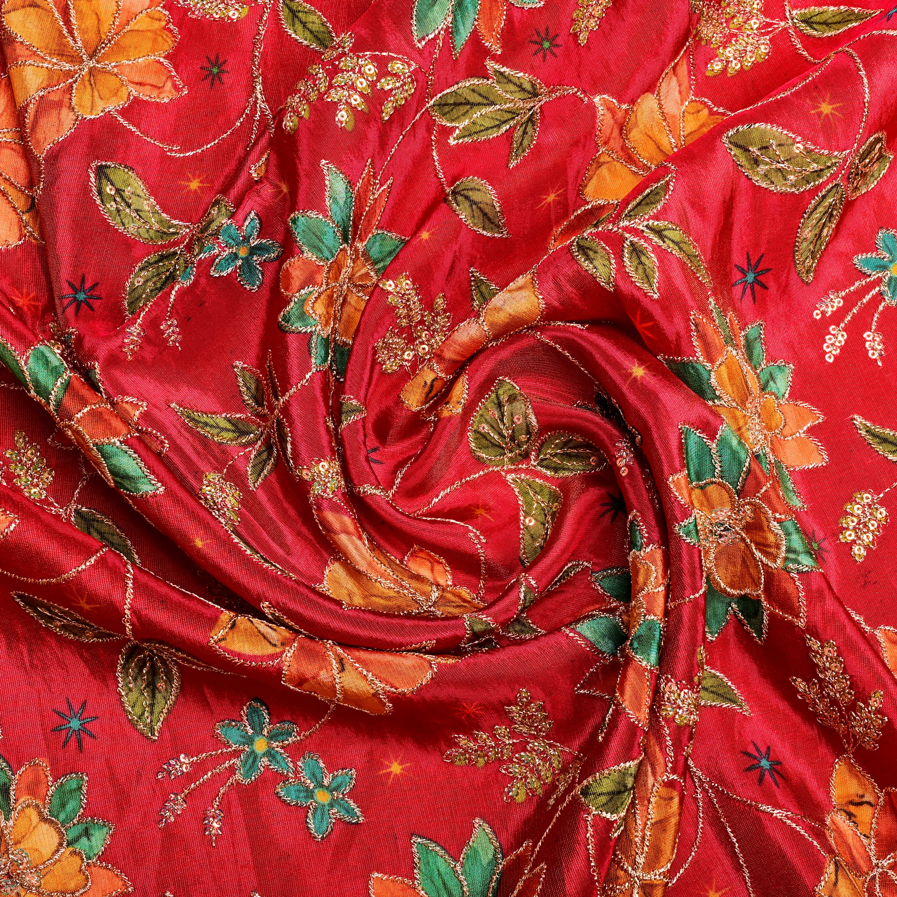 Red Tissue Fabric With Printed Embroidery