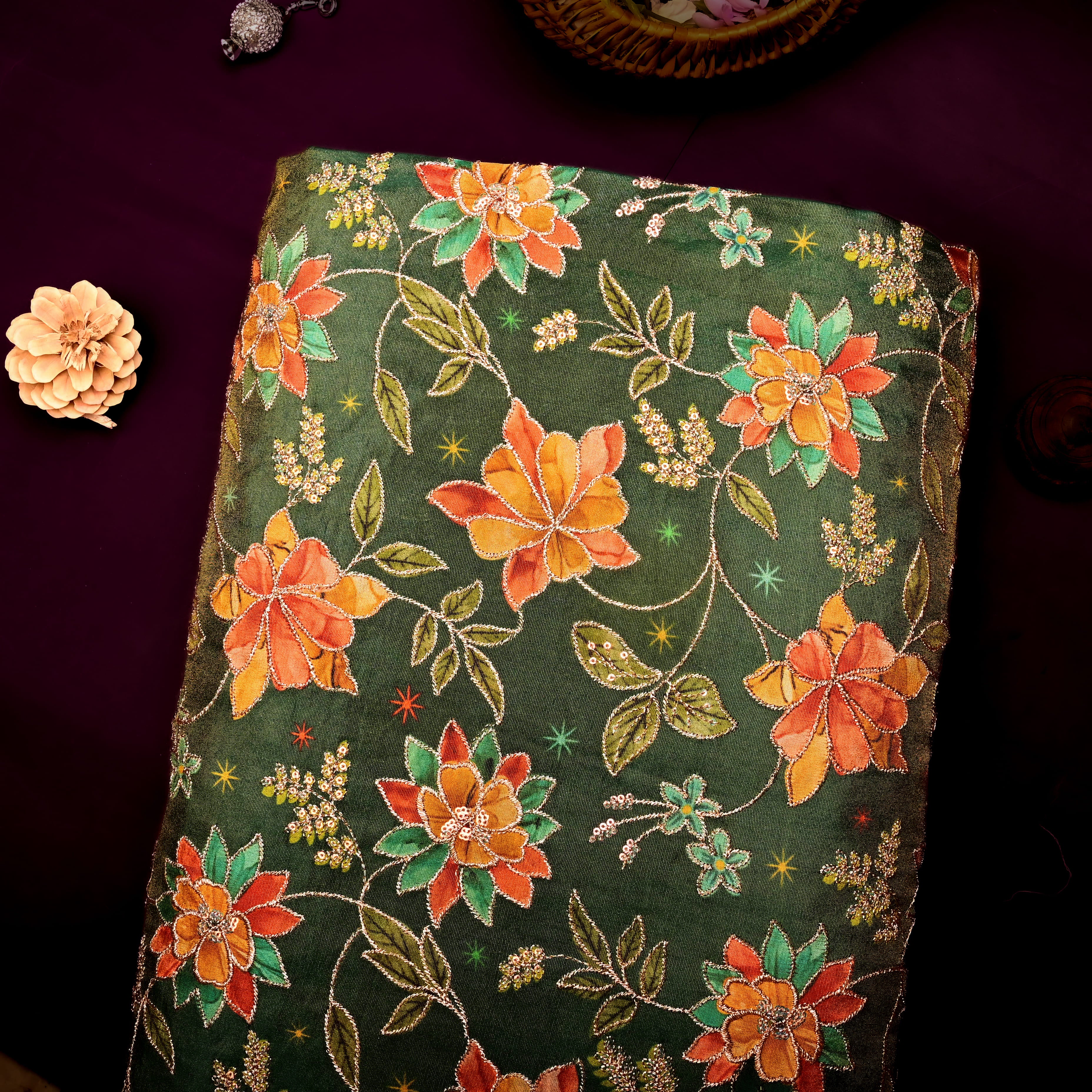 Moss Green Tissue Fabric With Printed Embroidery