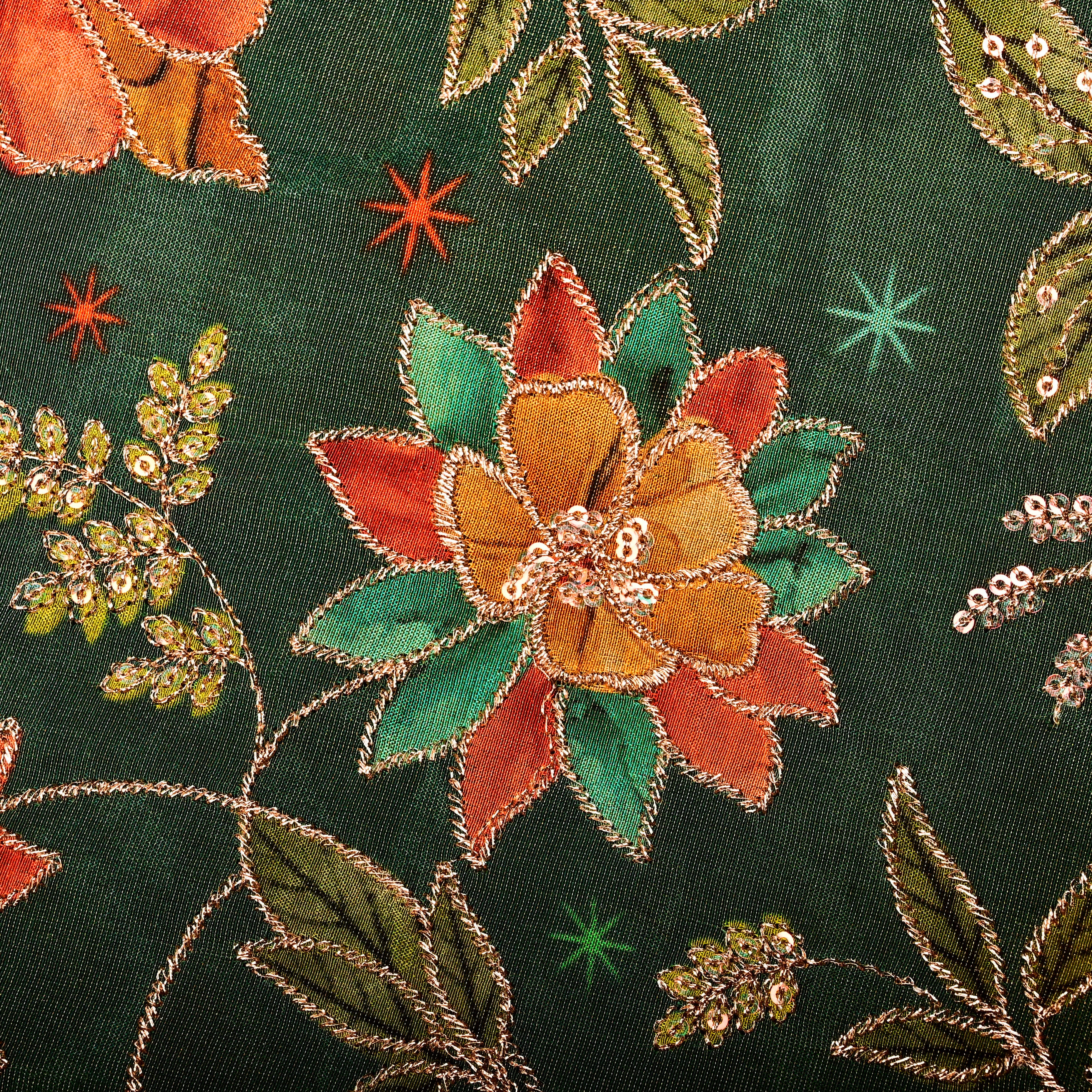 Moss Green Tissue Fabric With Printed Embroidery