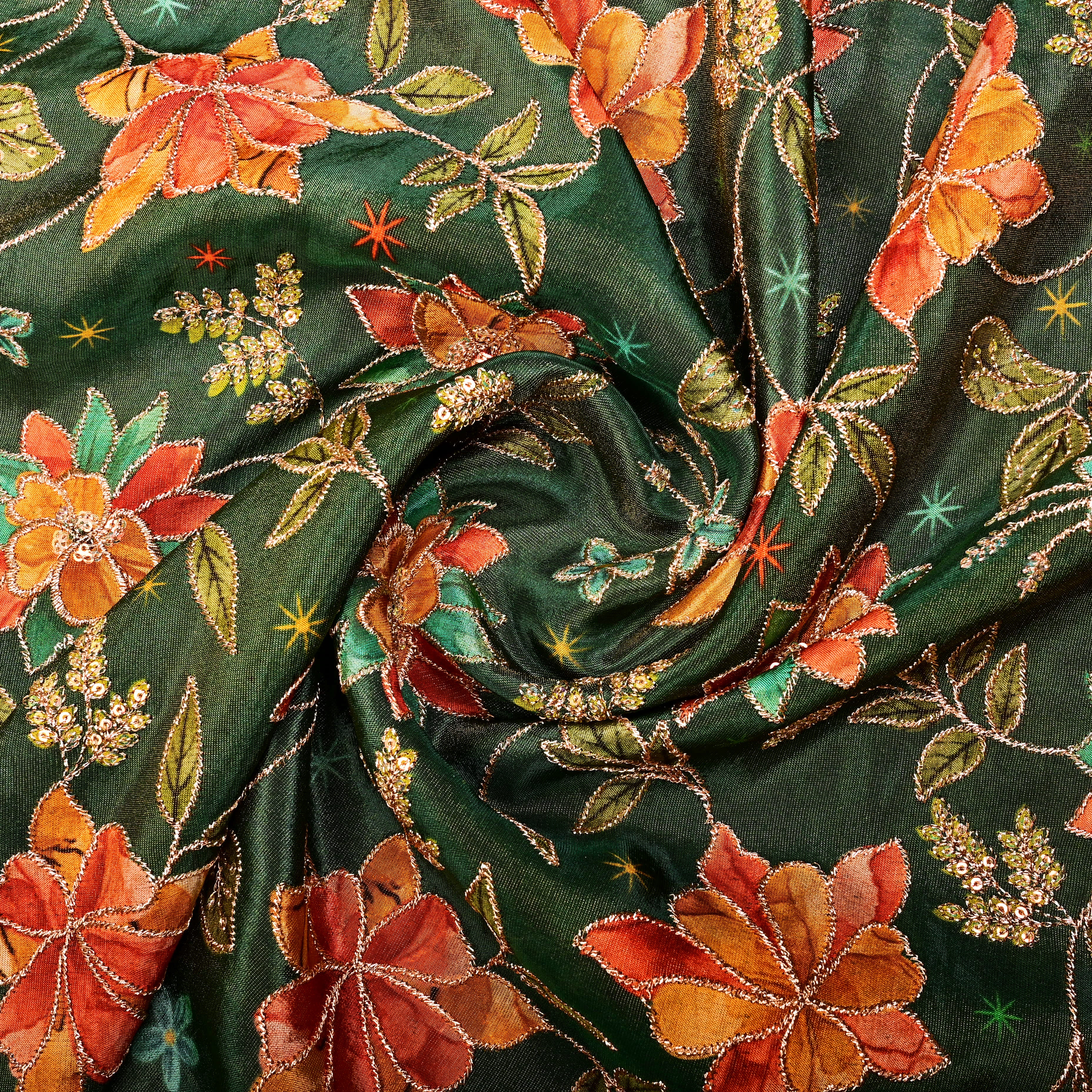 Moss Green Tissue Fabric With Printed Embroidery