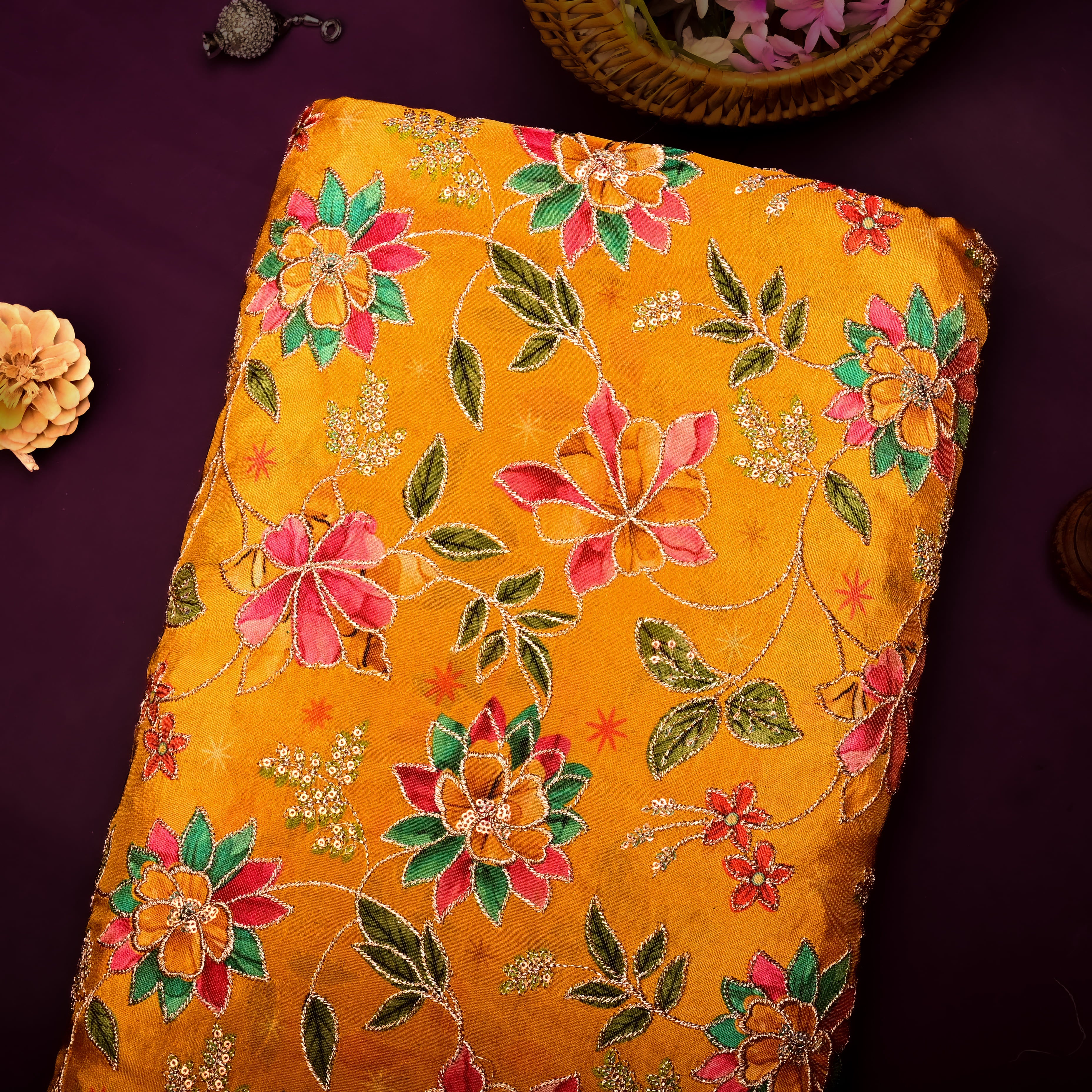 Chrome Yellow Tissue Fabric With Printed Embroidery