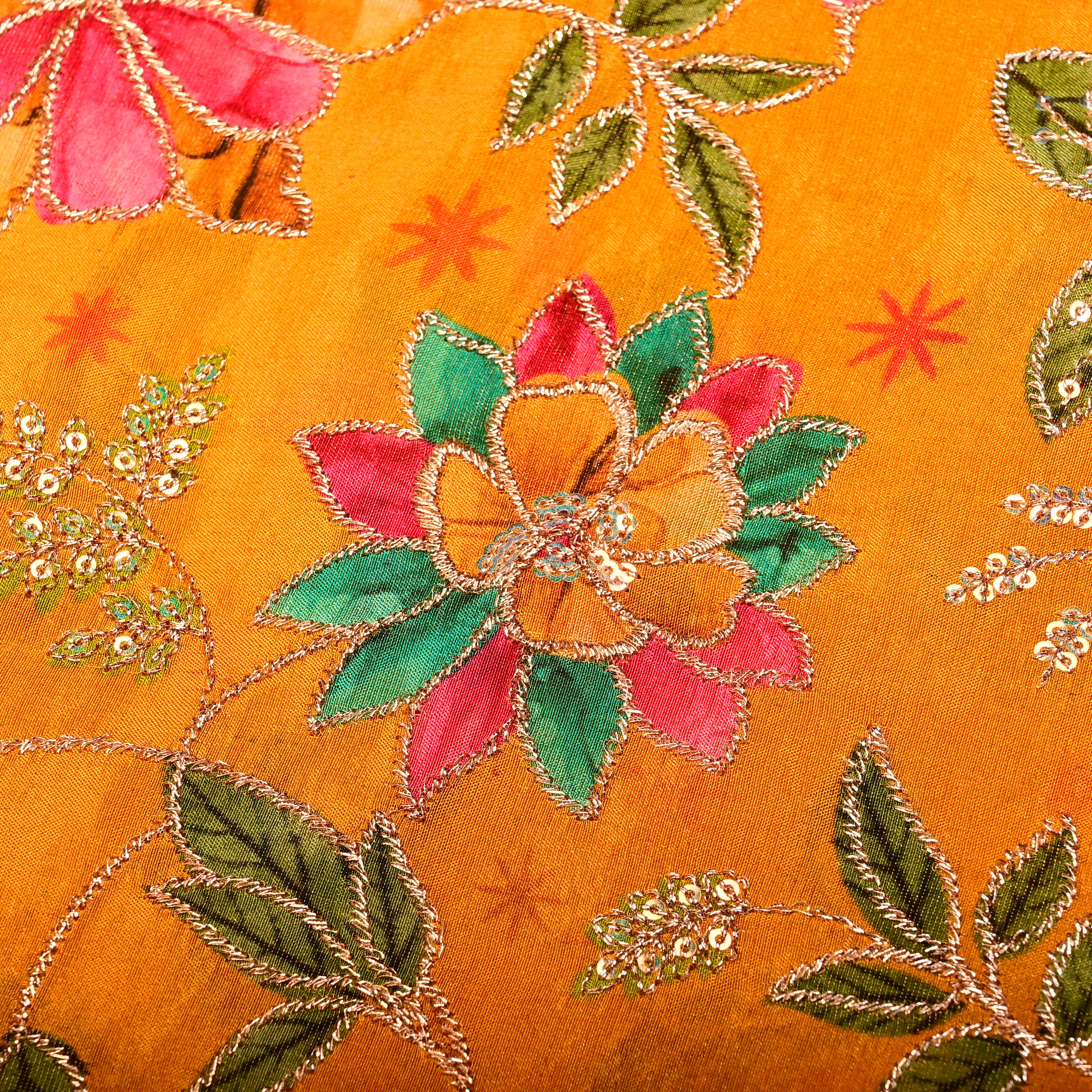 Chrome Yellow Tissue Fabric With Printed Embroidery