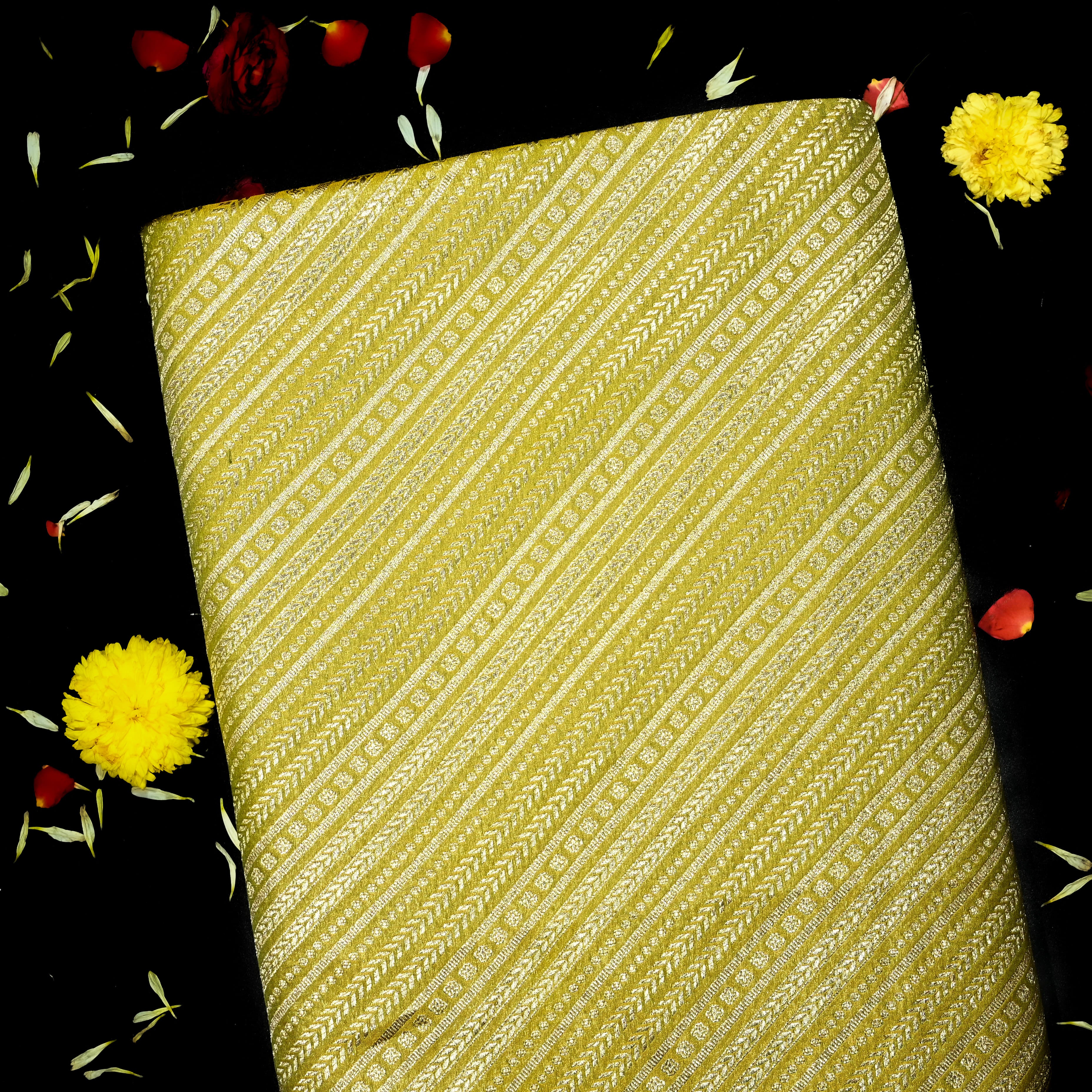 Dark Pear Green Banaras Fabric With Diagonal Strips